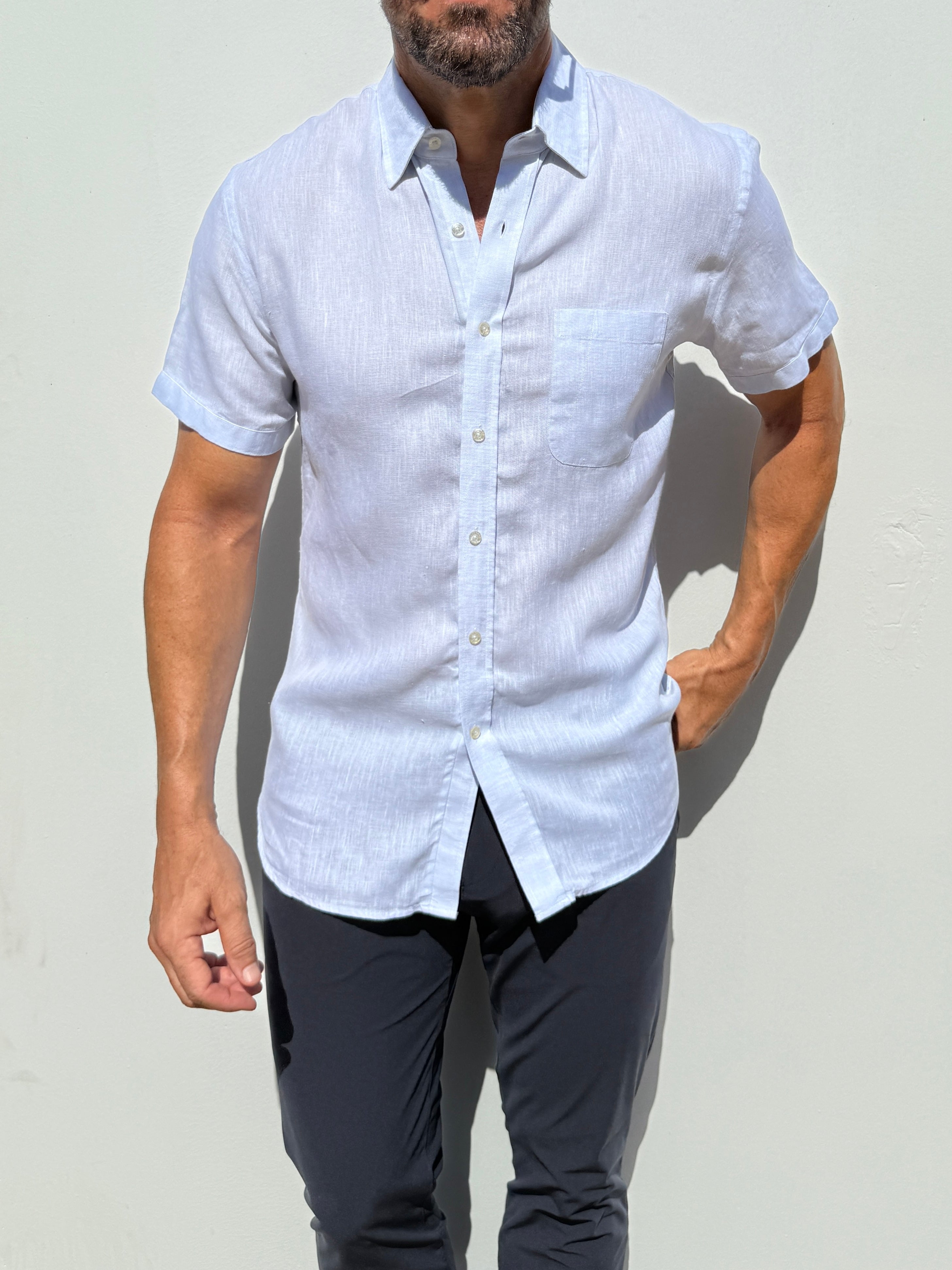 Short Sleeve 1-Pocket Linen Shirt - Pale Blue