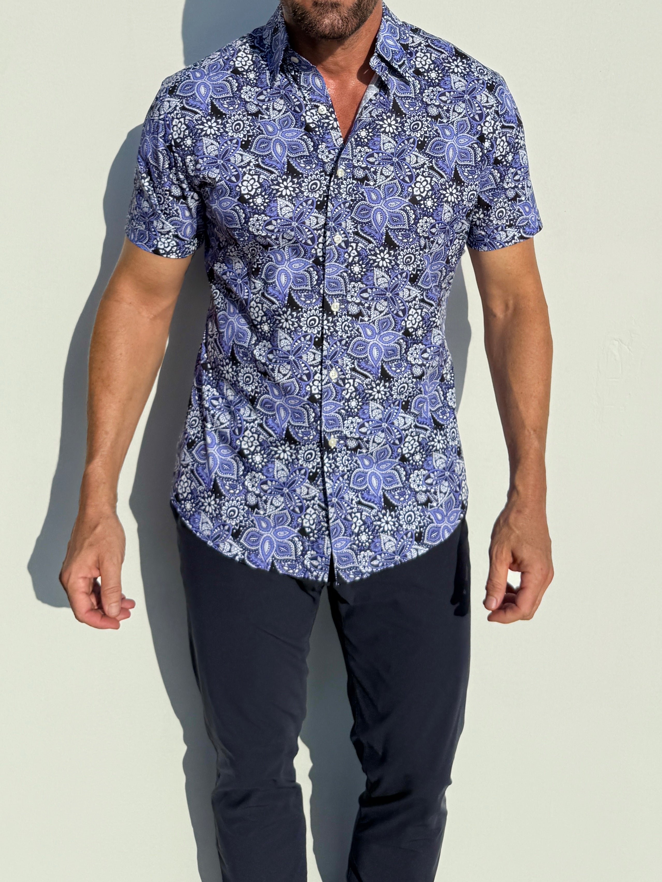 Blue Paisley Floral on Cotton - Blue on Blue