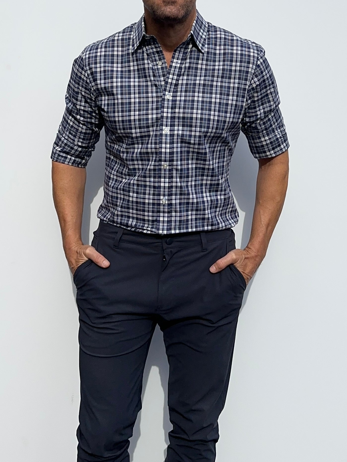 Navy & Gray Plaid Broadcloth - White & Blue Plaid