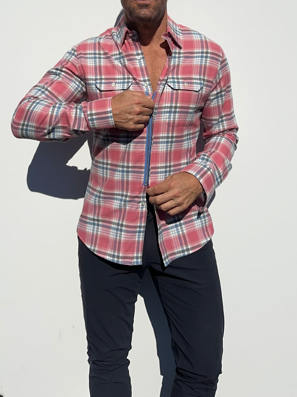 Coral, White & Blue Utility Flannel - Coral White & Blue Flannel