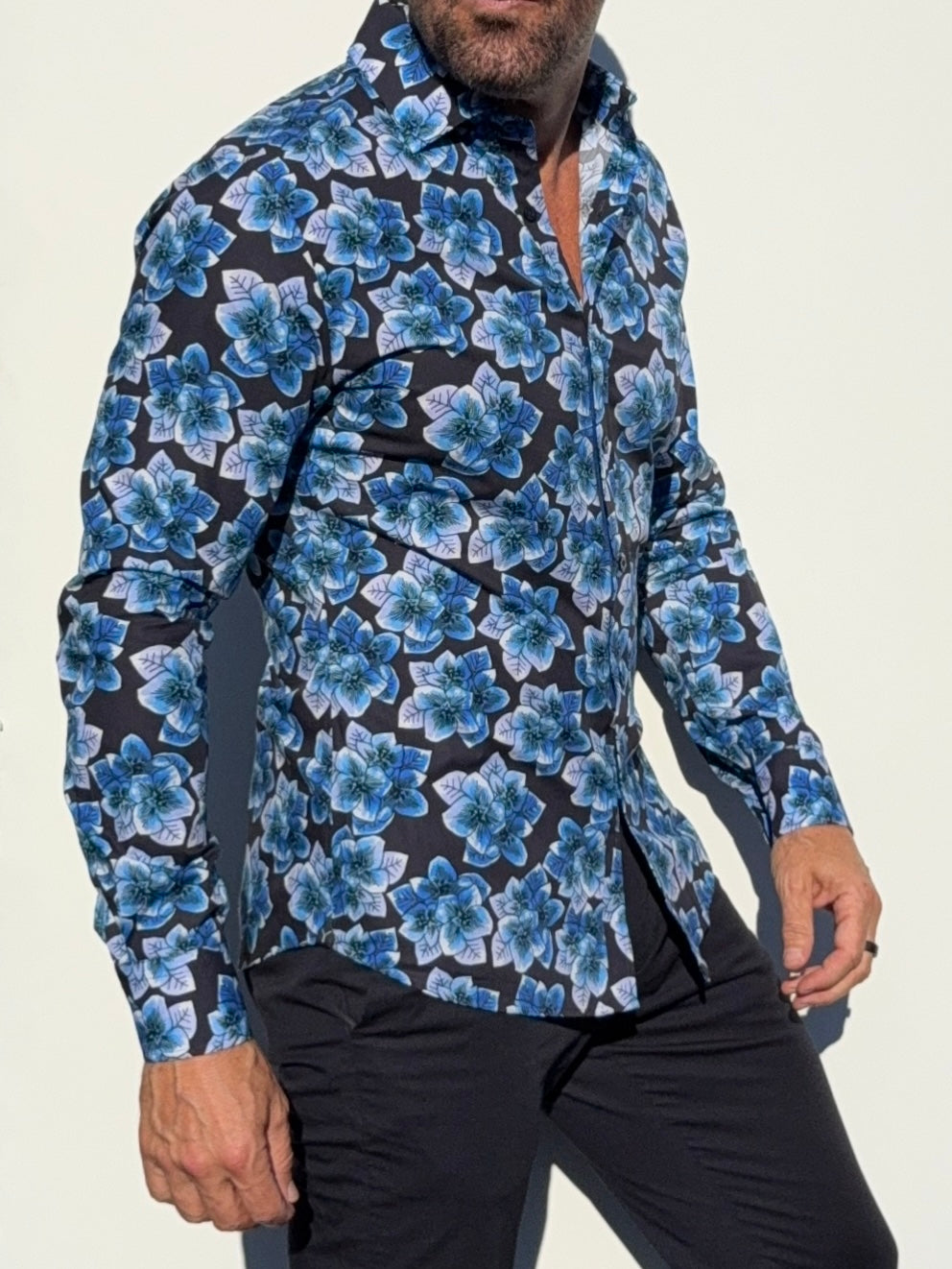 Blue Flowers Party Shirt - Blue on Navy