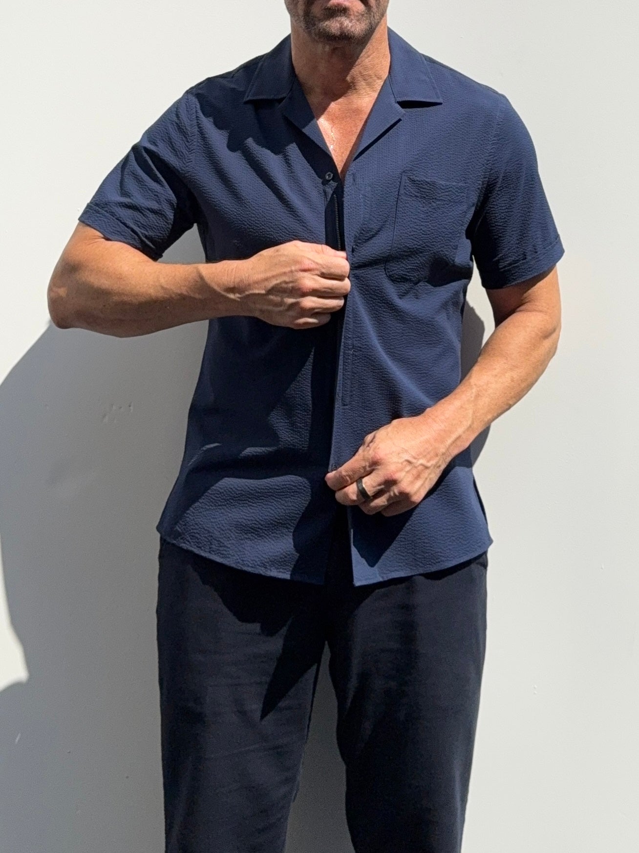 Seersucker Camp Collar- Navy - Small Batch #699