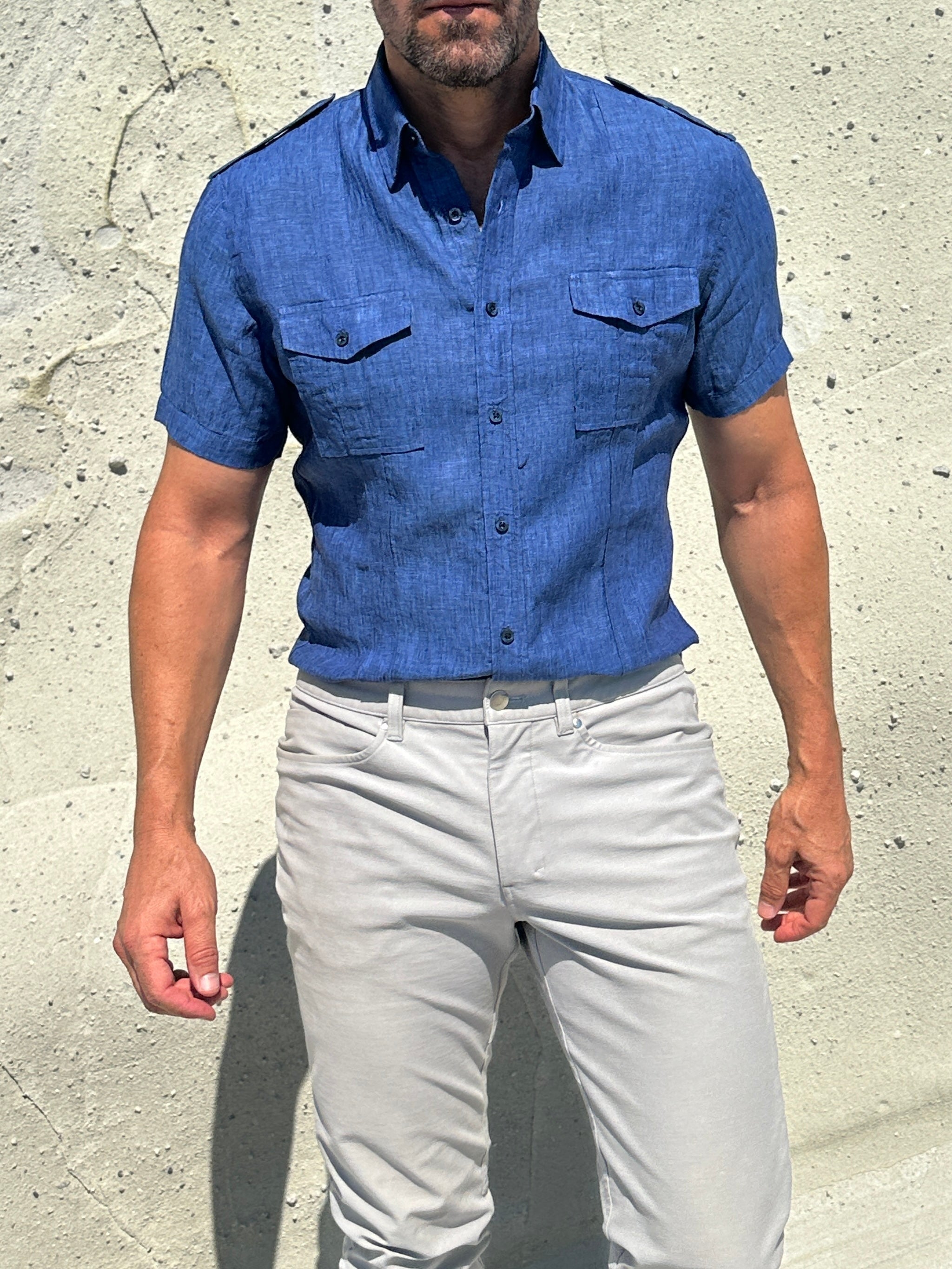 Short Sleeve Linen Raider Shirt - Small Batch Series - Royal Blue Linen