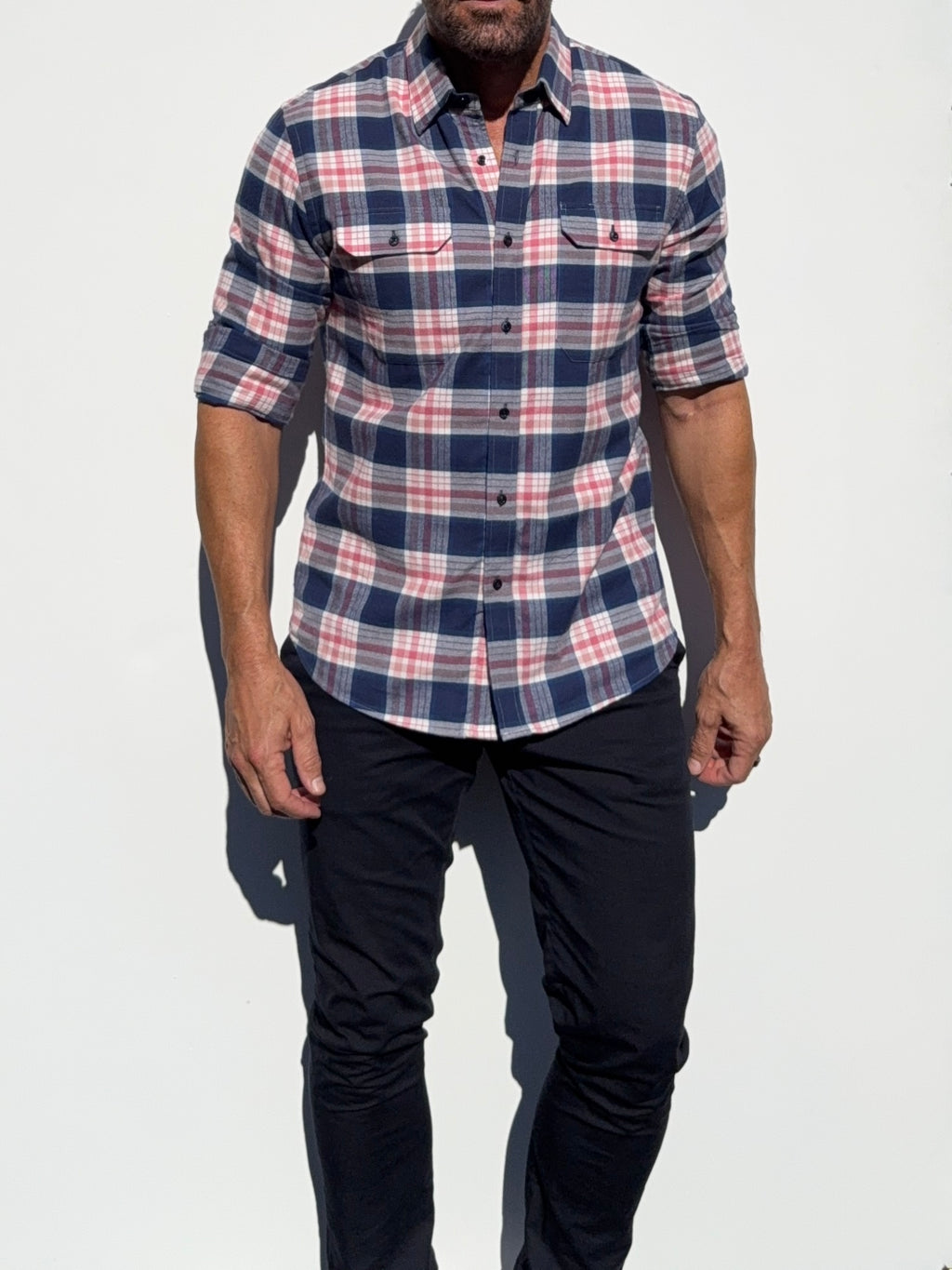The Utility Shirt in Plaid Flannel - Navy & Pink Plaid Flannel- SB #644