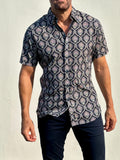 Short Sleeve Ornate Party Shirt - Midnight Blue