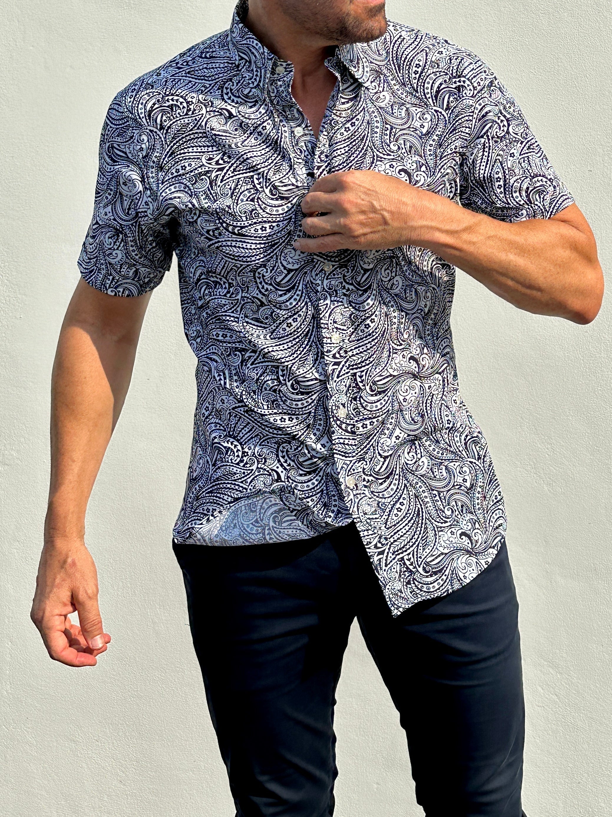 Short Sleeve Paisley Party Shirts - Navy