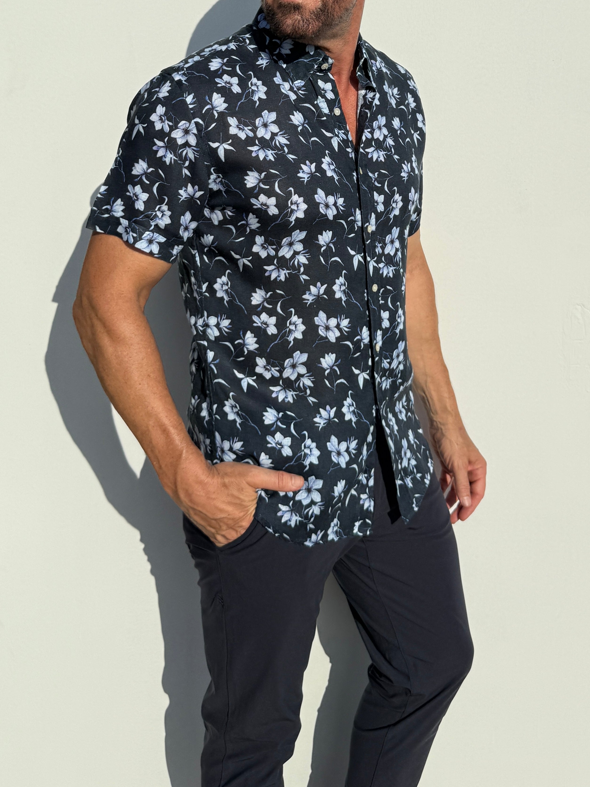 White Flowers on Navy Linen Party Shirt - White Flowers on Navy