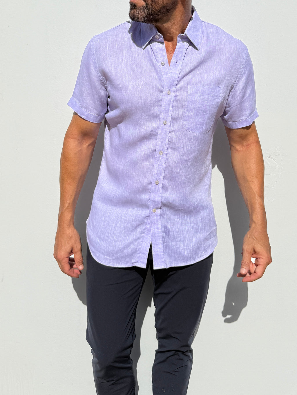 Short Sleeve 1-Pocket Linen Shirt - Lavender