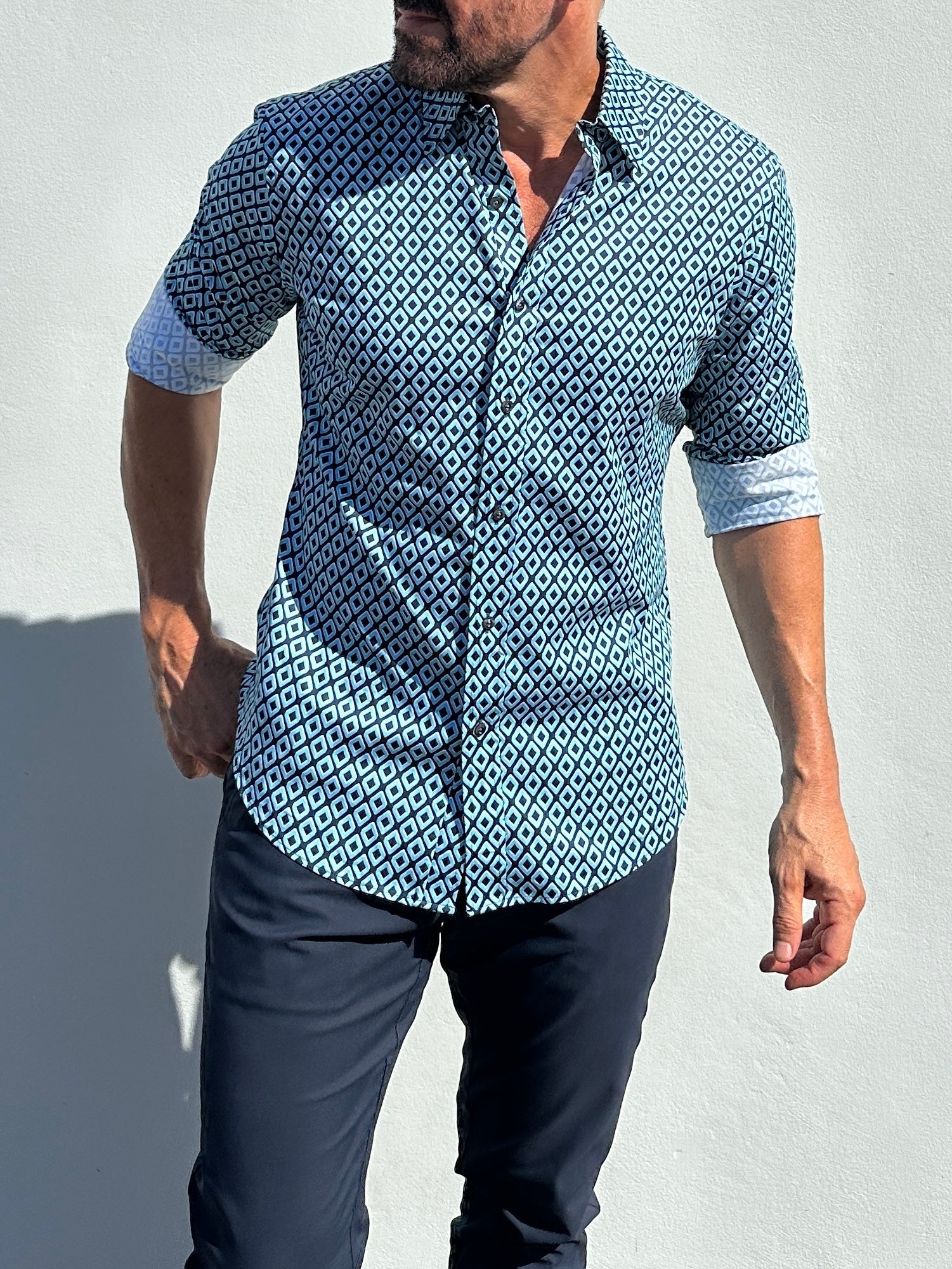 Diamond Print Party Shirt - Mint on Navy