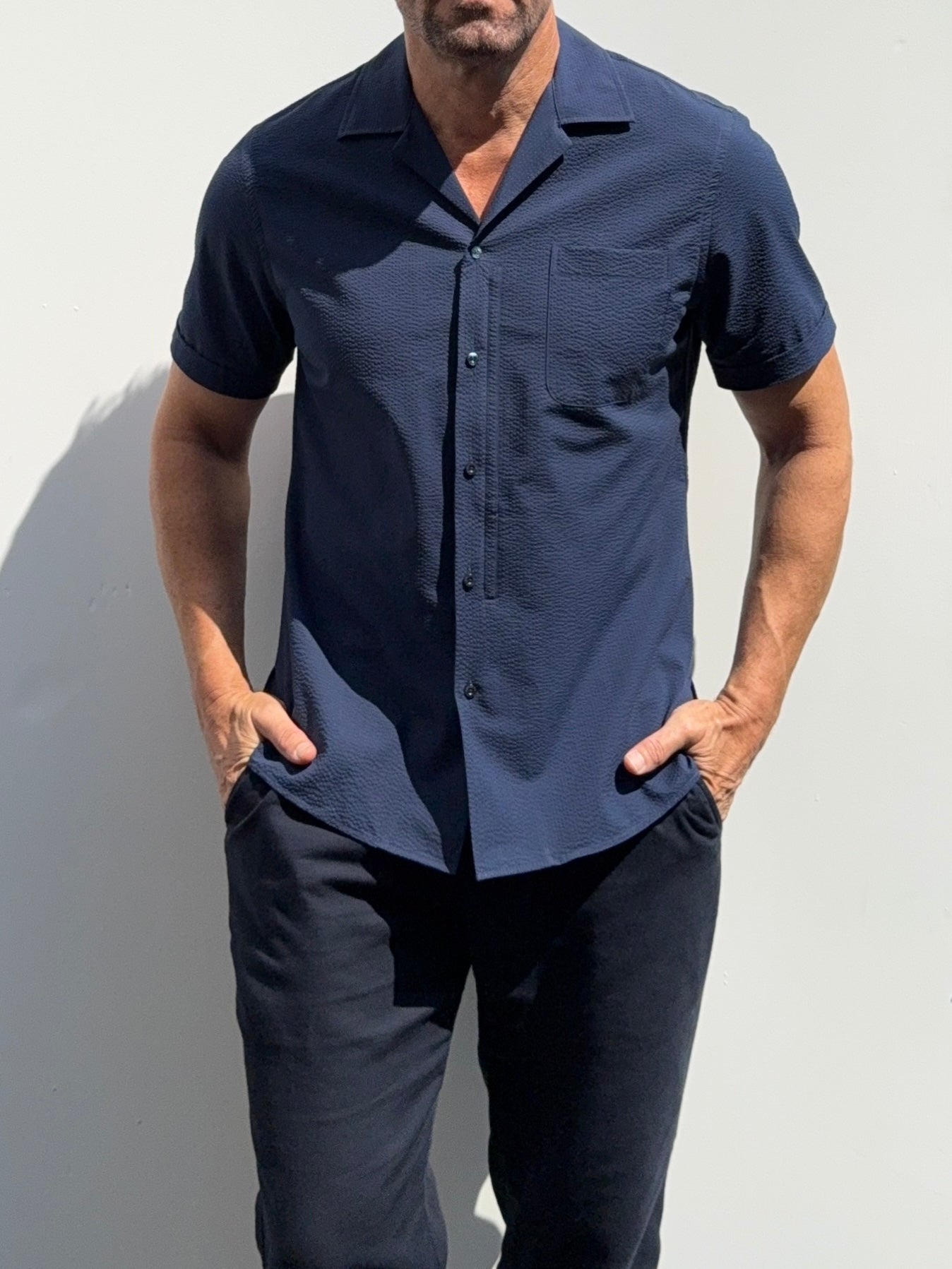 Seersucker Camp Collar- Navy - Small Batch #699