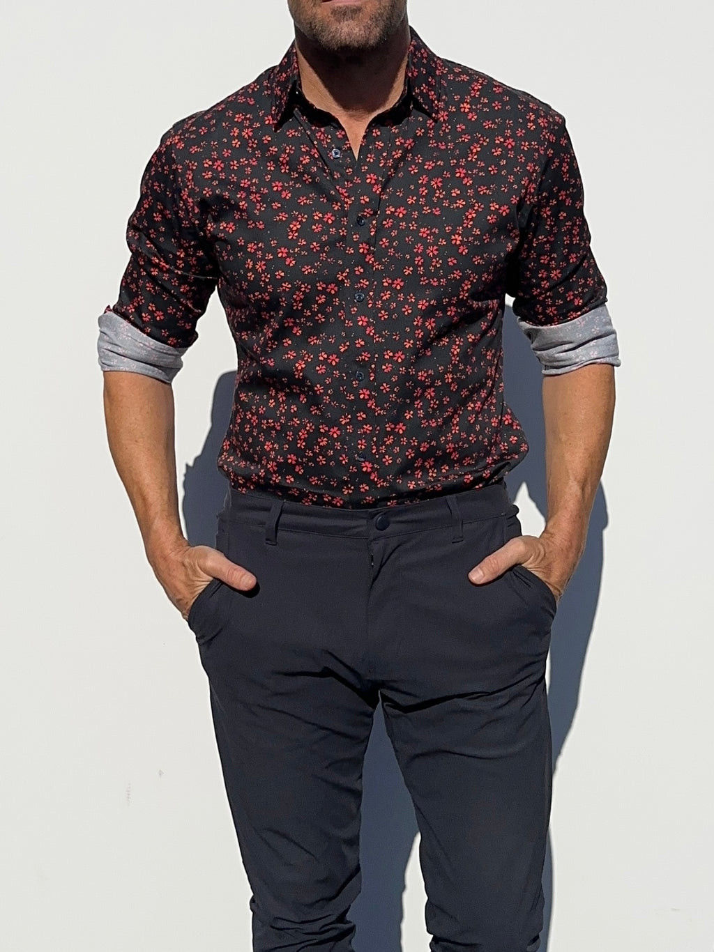 Red Floral Party Shirt - Red Flowers on Navy