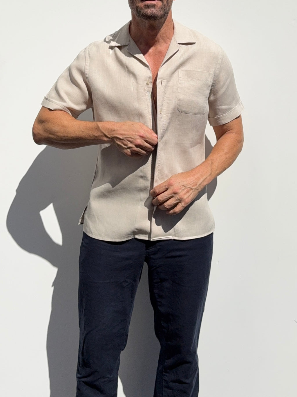Linen Camp Collar Shirt - Stone- Small Batch #680