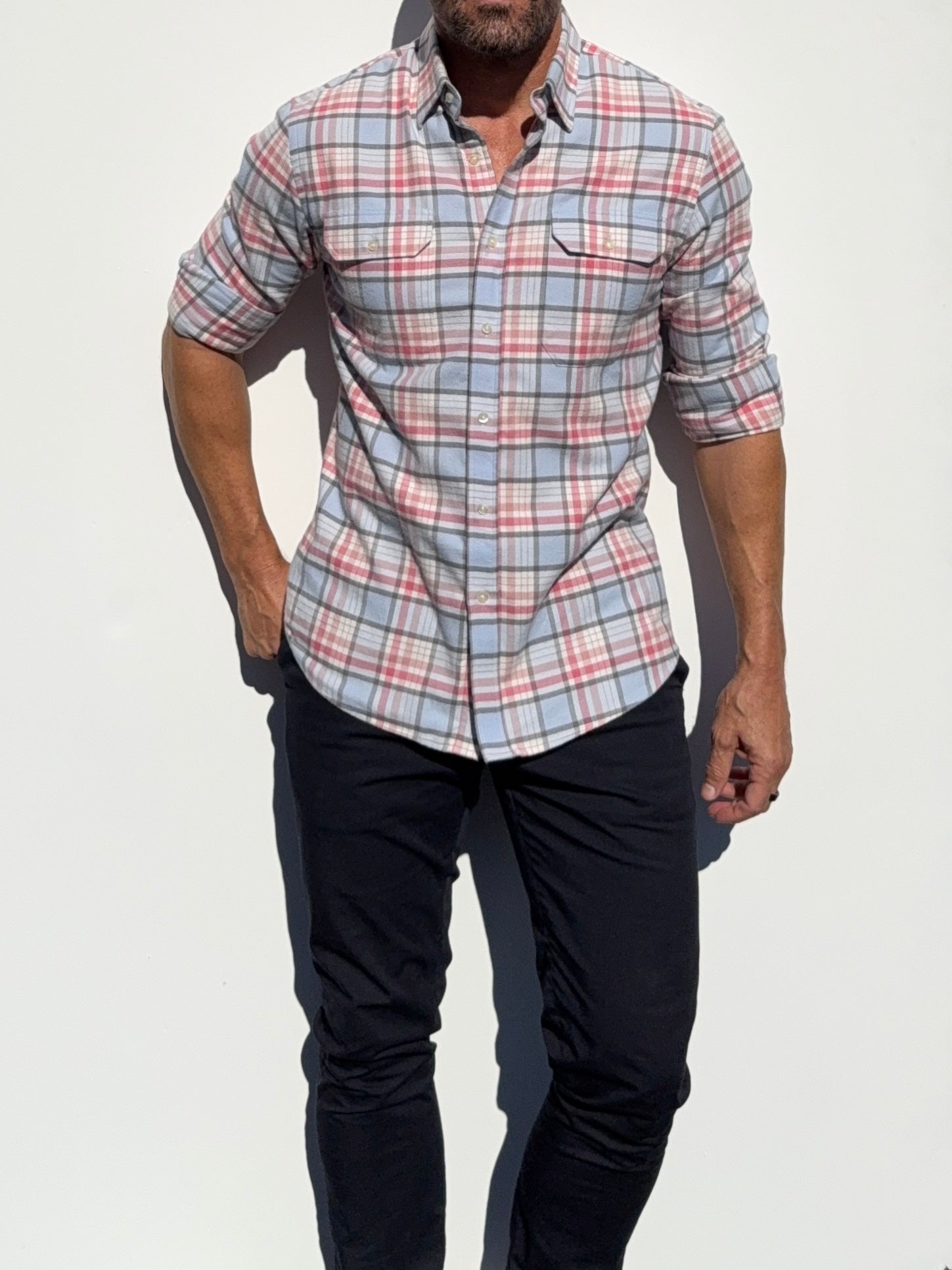 The Utility Shirt in Plaid Flannel - Light Blue & Pink