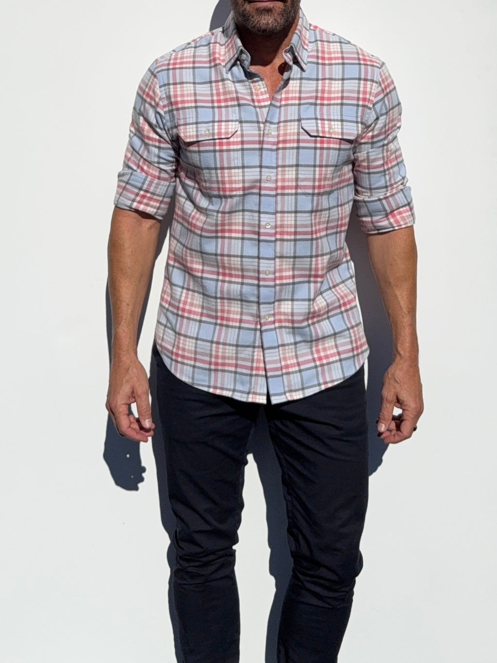 The Utility Shirt in Plaid Flannel - Light Blue & Pink