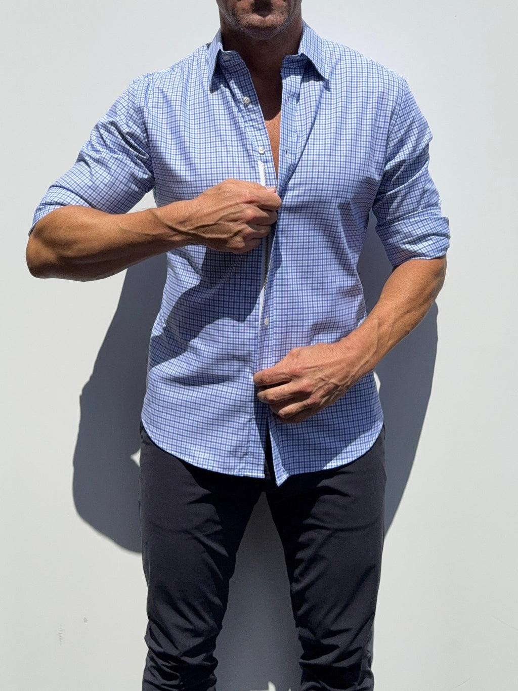Wrinkle Resistant Plaid Oxford - Light Blue & Navy