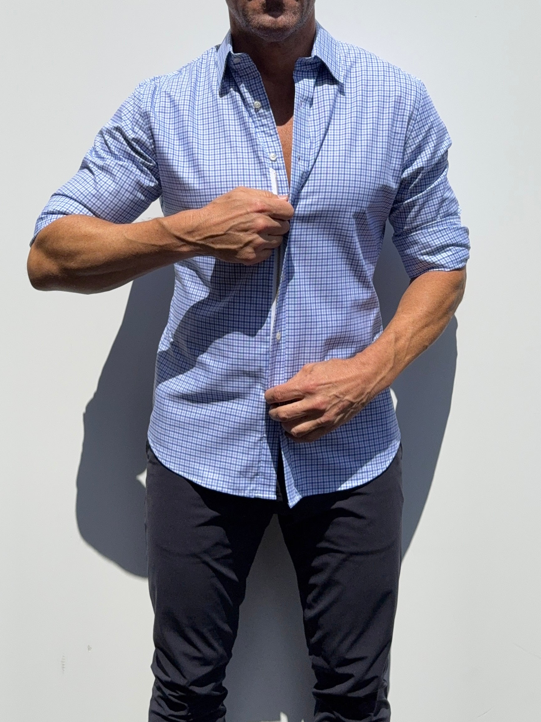 Wrinkle Resistant Plaid Oxford - Light Blue & Navy
