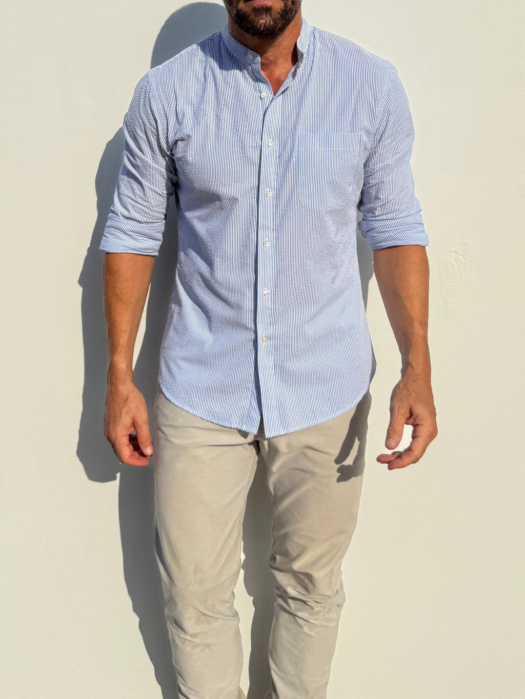 Band Collar Striped Seersucker - Blue Stripe Seersucker Band Collar