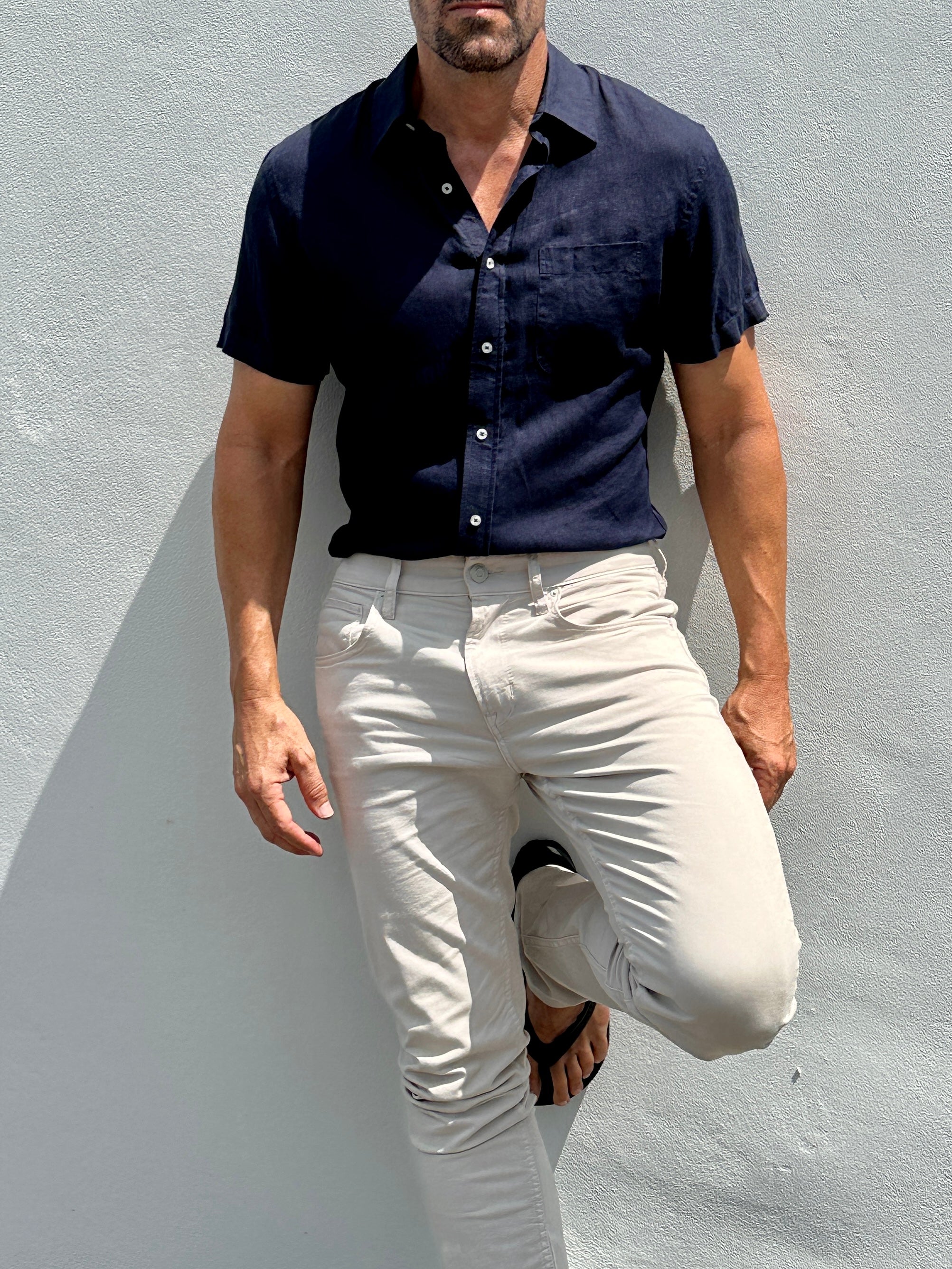 Short Sleeve 1-Pocket Linen Shirt - Navy