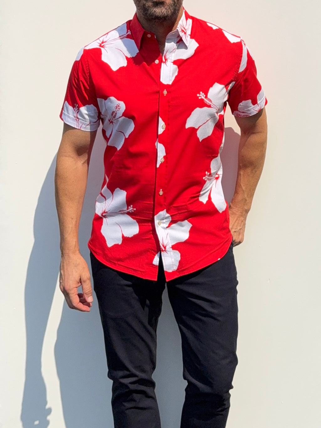 White Flowers on Red Party Shirt in Cotton
