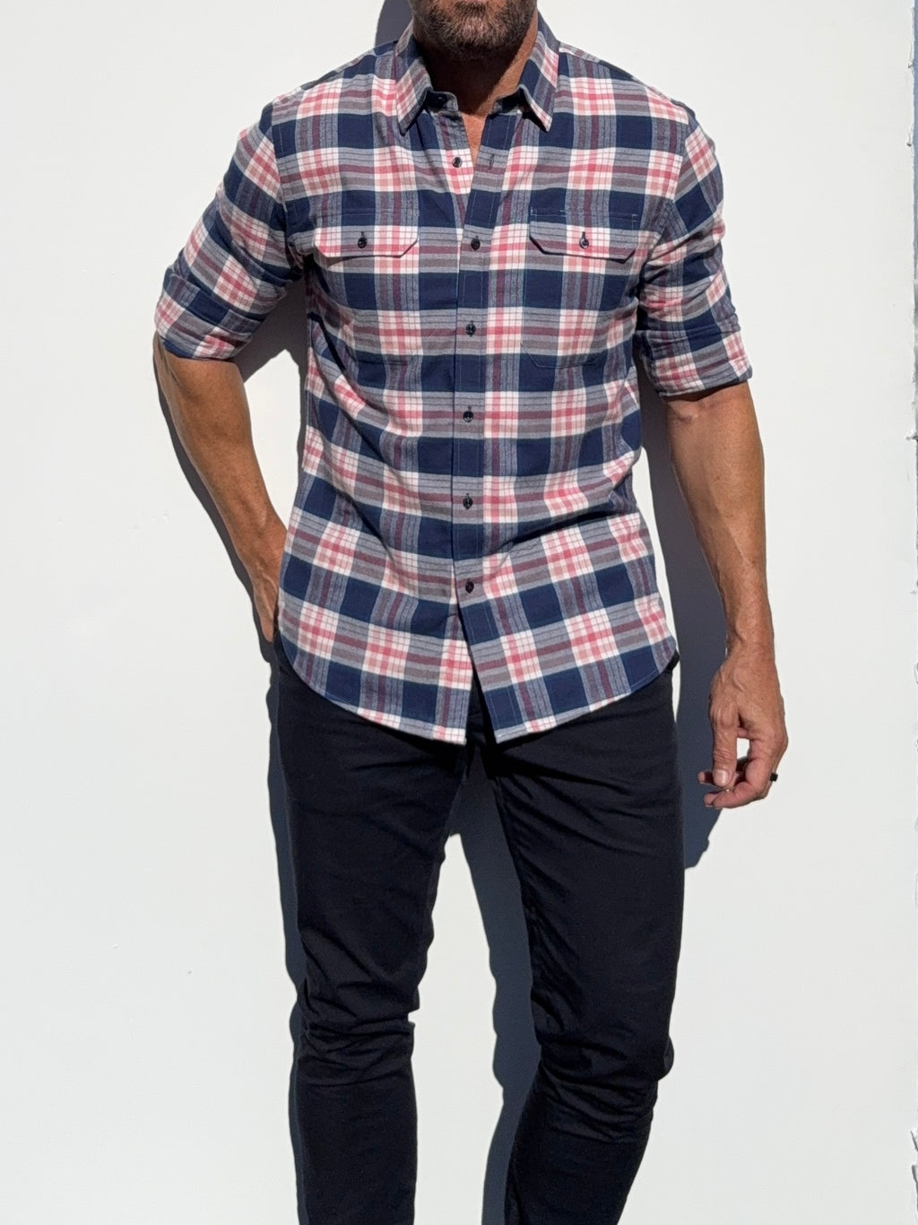 The Utility Shirt in Plaid Flannel - Navy & Pink Plaid Flannel- SB #644