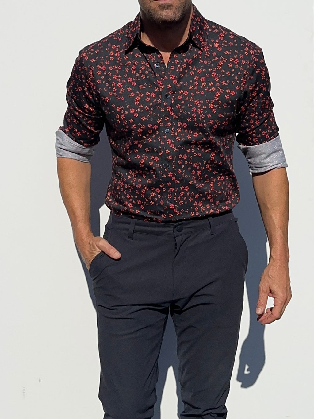 Red Floral Party Shirt - Red Flowers on Navy