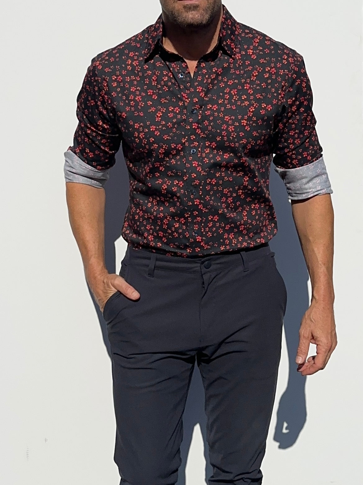 Red Floral Party Shirt - Red Flowers on Navy