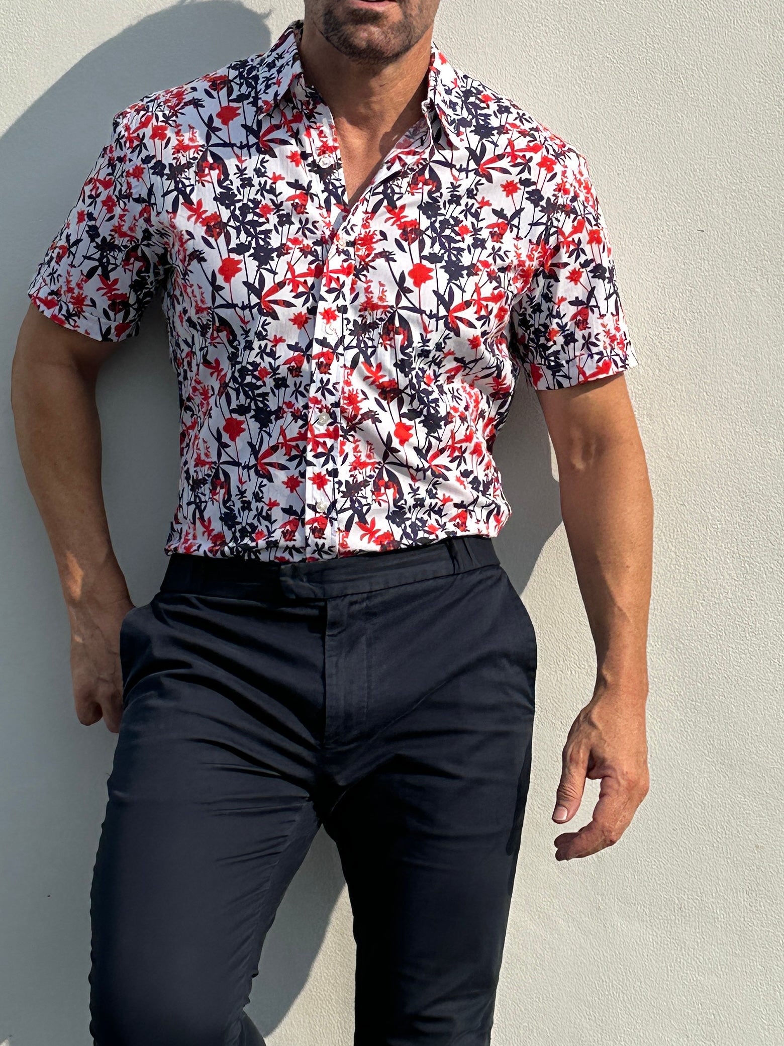 Bamboo Print on Cotton - Red & Navy
