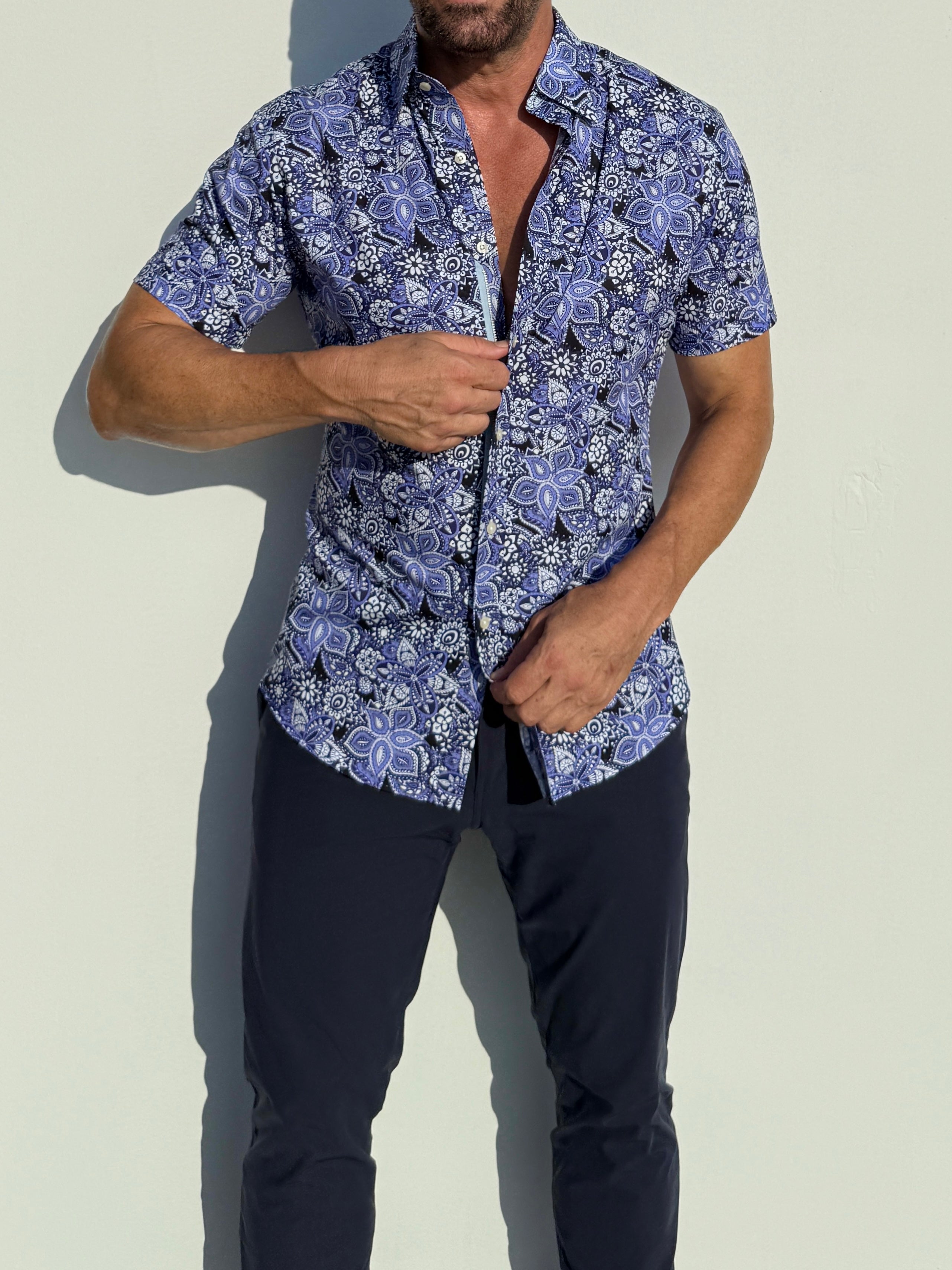 Blue Paisley Floral on Cotton - Blue on Blue