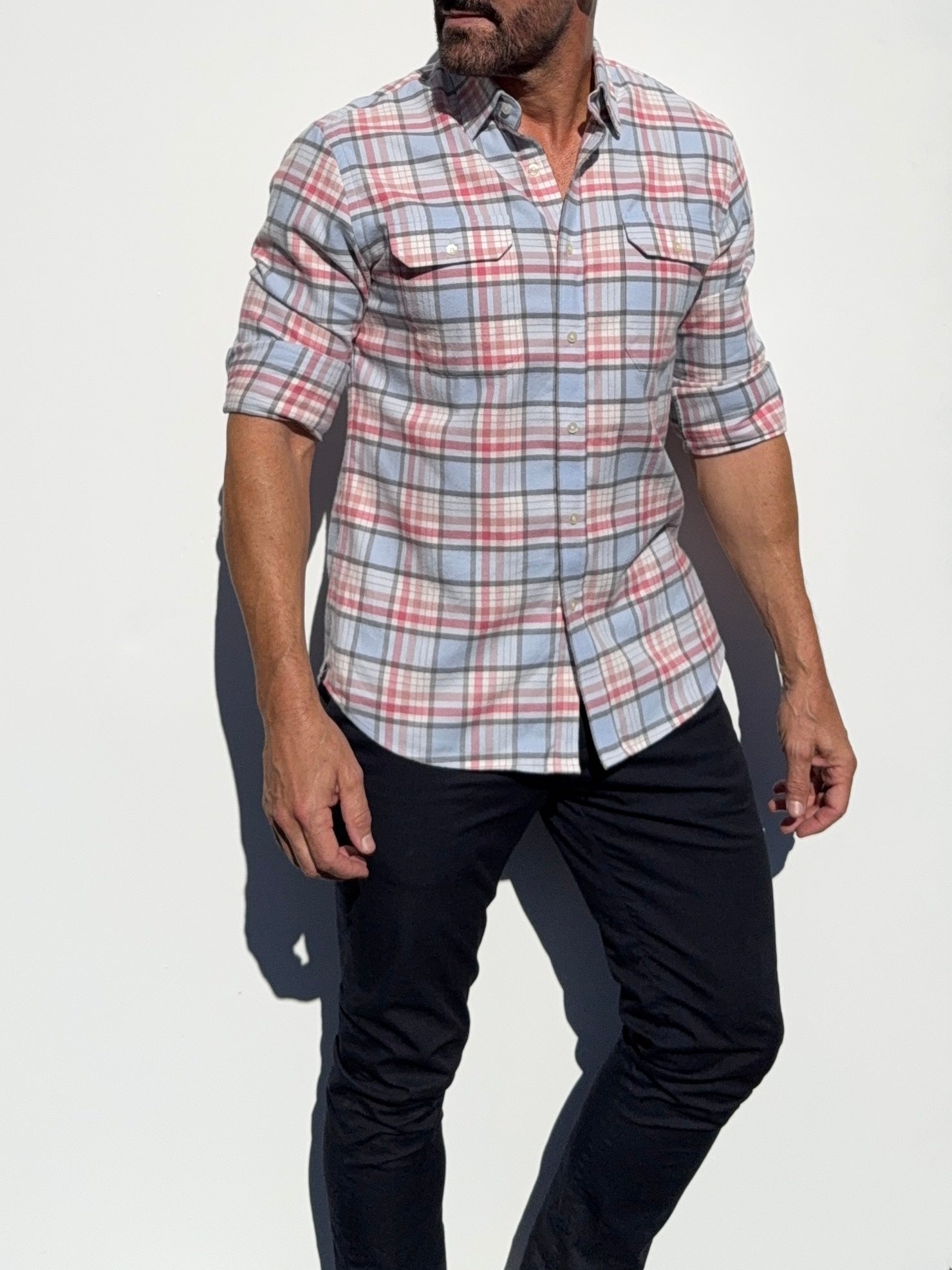 The Utility Shirt in Plaid Flannel - Light Blue & Pink