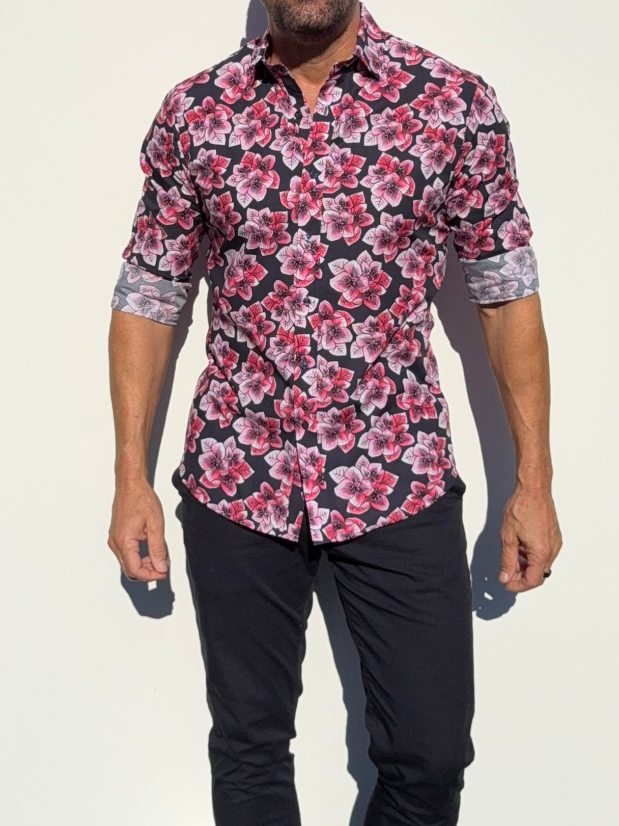 Pink Flowers Party Shirt - Red on Navy