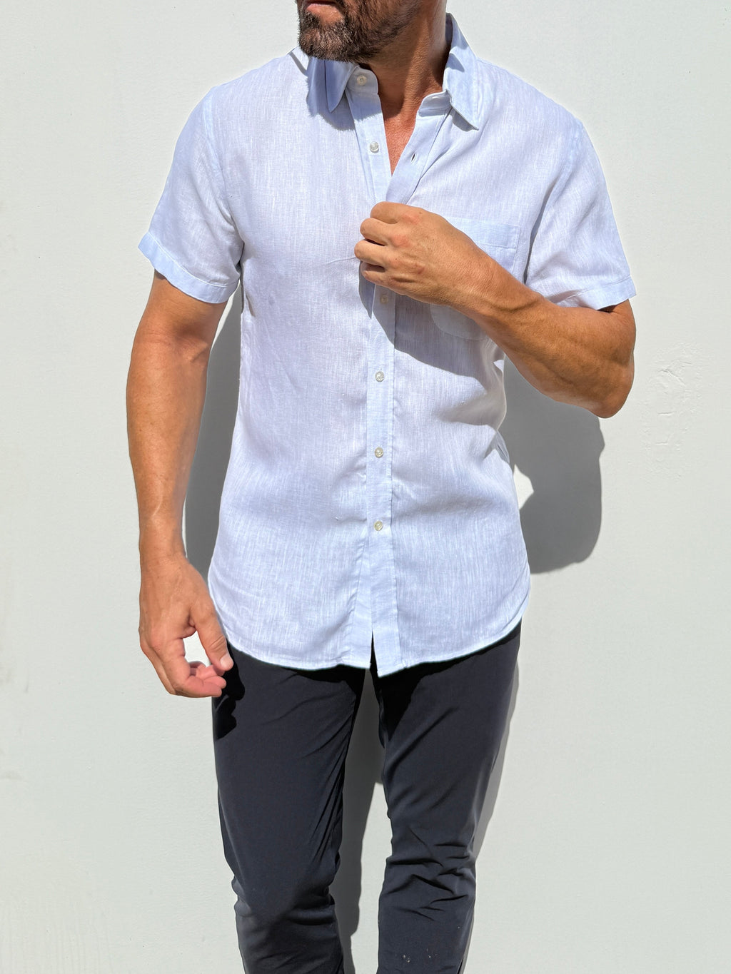 Short Sleeve 1-Pocket Linen Shirt - Pale Blue