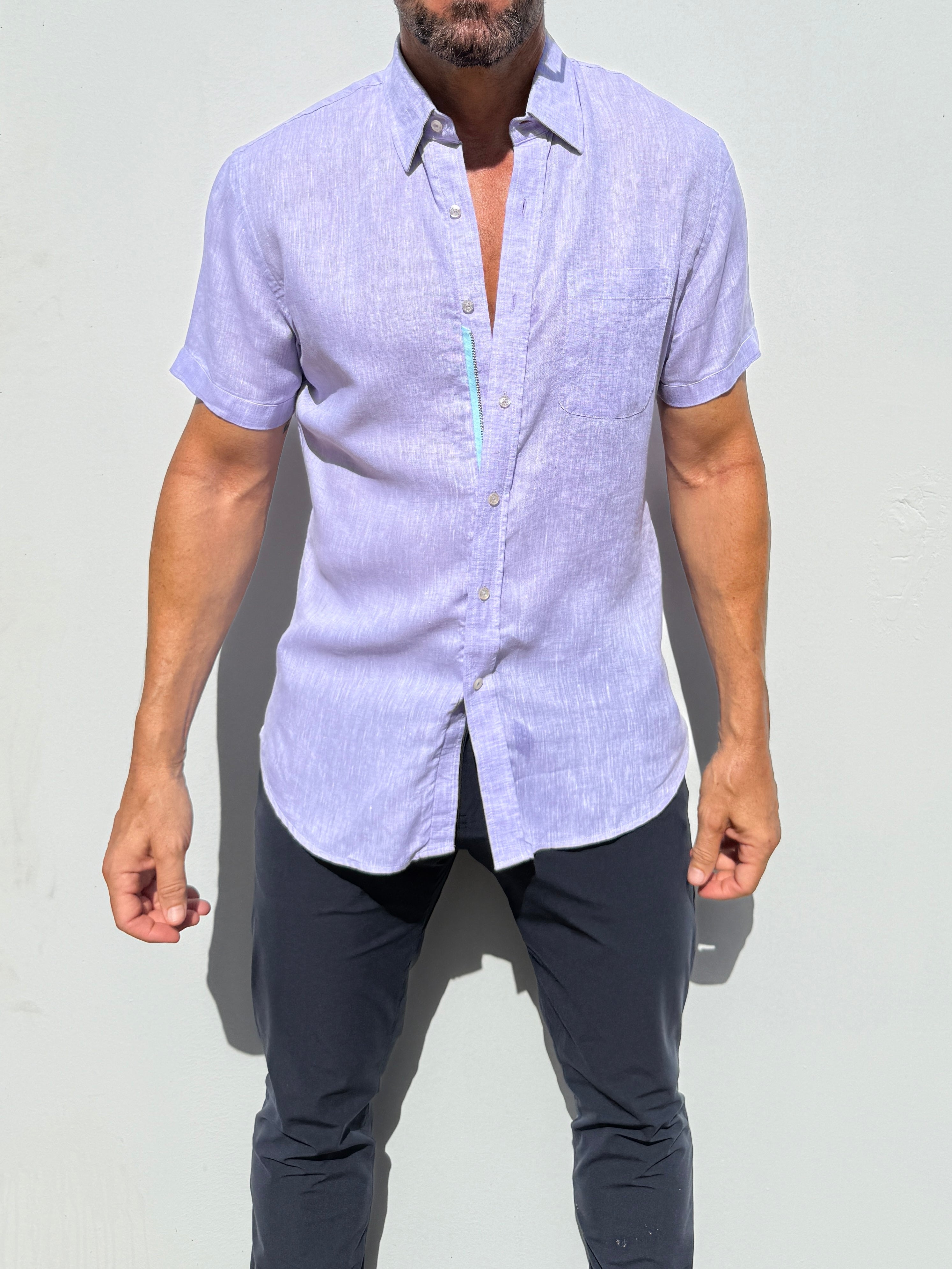 Short Sleeve 1-Pocket Linen Shirt - Lavender
