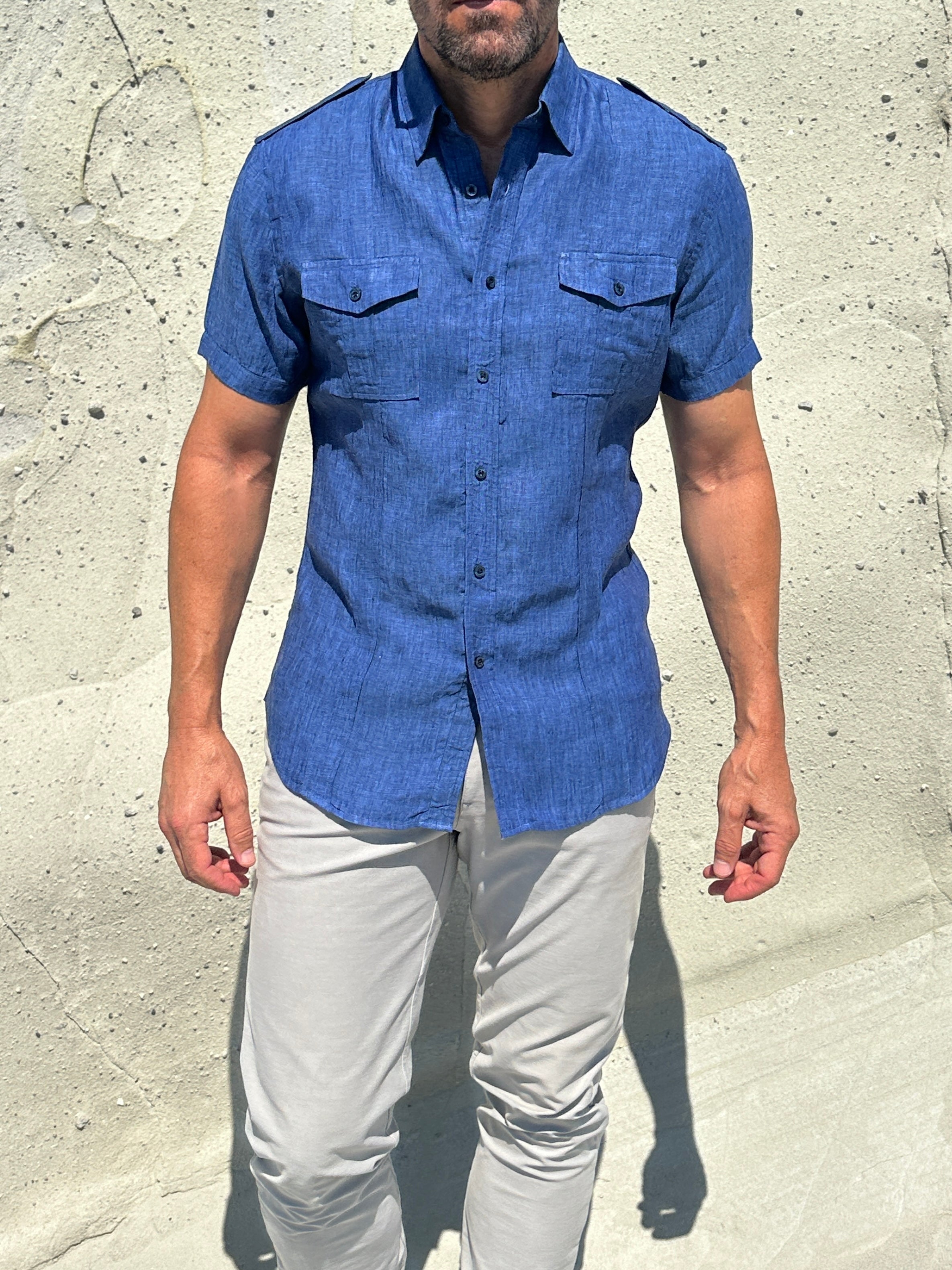 Short Sleeve Linen Raider Shirt - Small Batch Series - Royal Blue Linen
