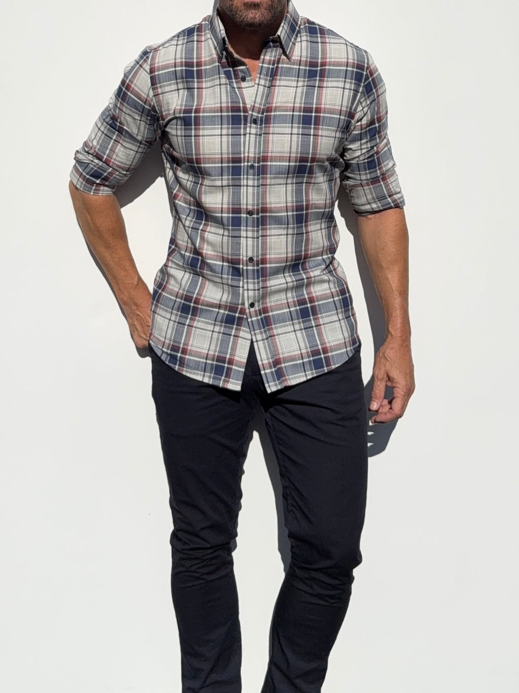No-Pocket Unbrushed Flannel - Gray & Navy Plaid