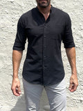 Band Collar Solid Seersucker - Black Band Collar Seersucker