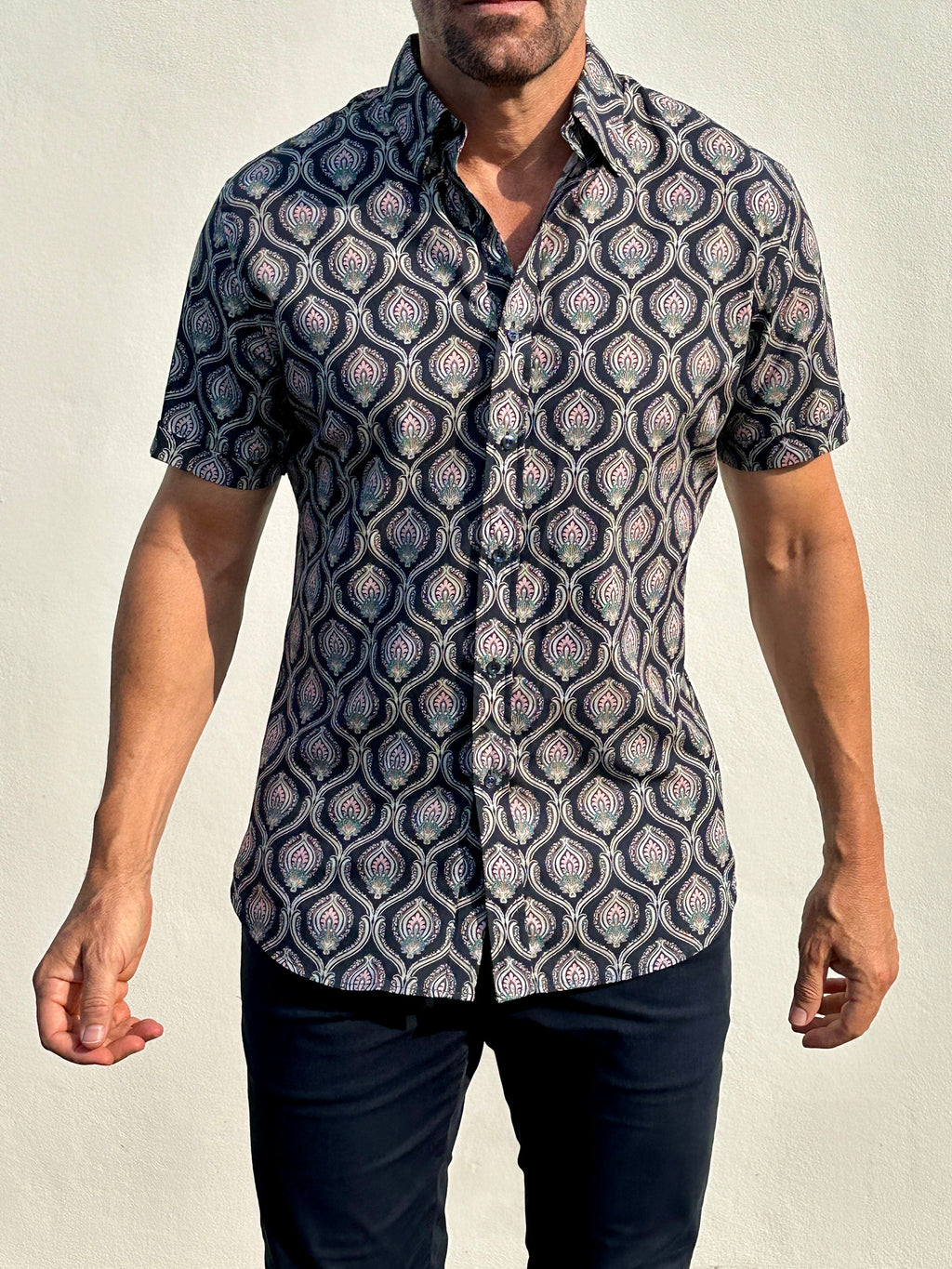 Short Sleeve Ornate Party Shirt - Midnight Blue