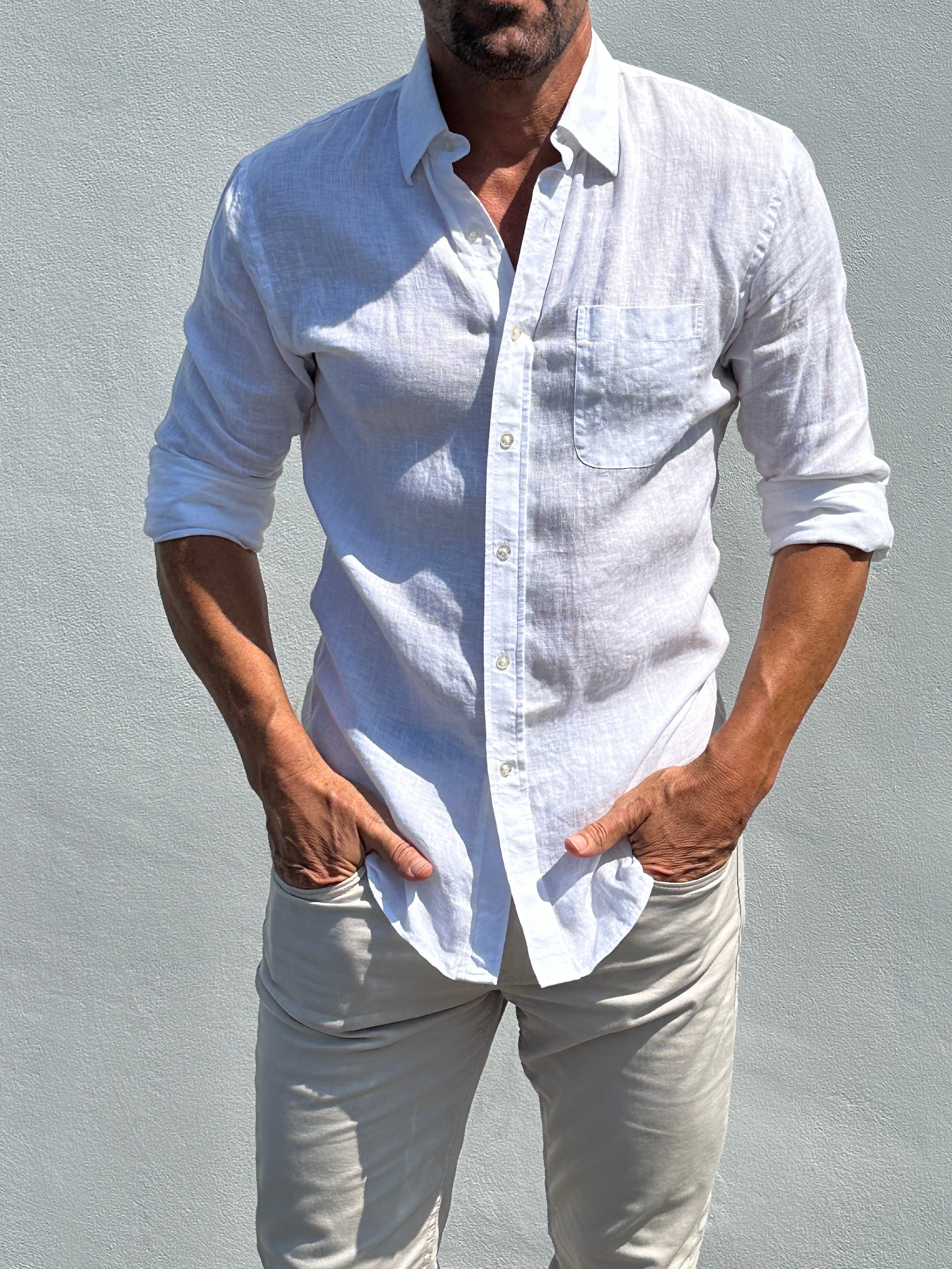 Long Sleeve 1-Pocket Linen - White