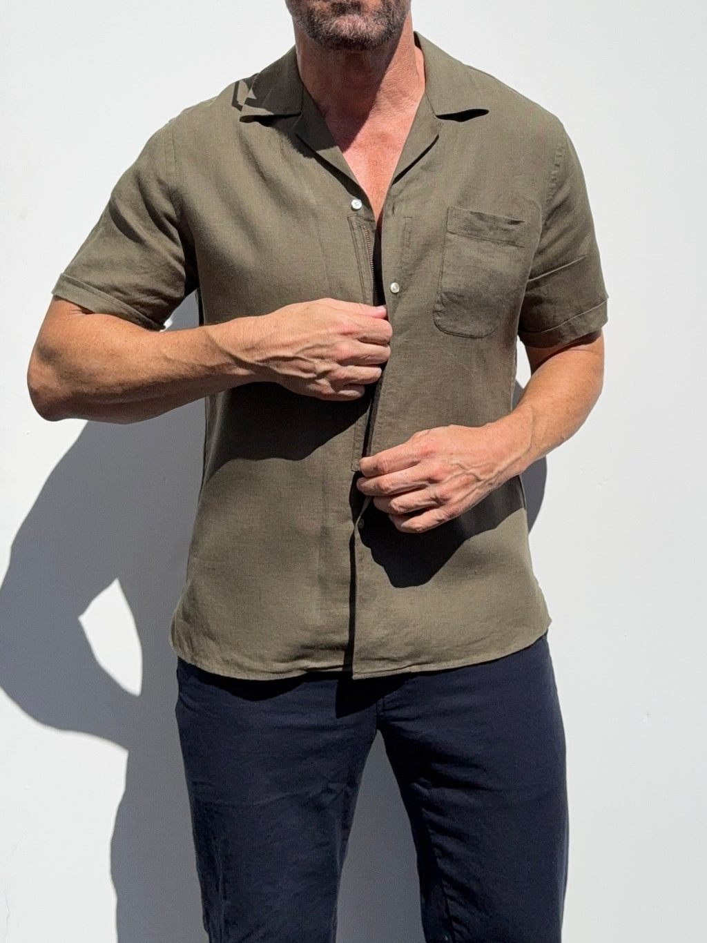 Linen Camp Collar Shirt - Army Green- Small Batch #678