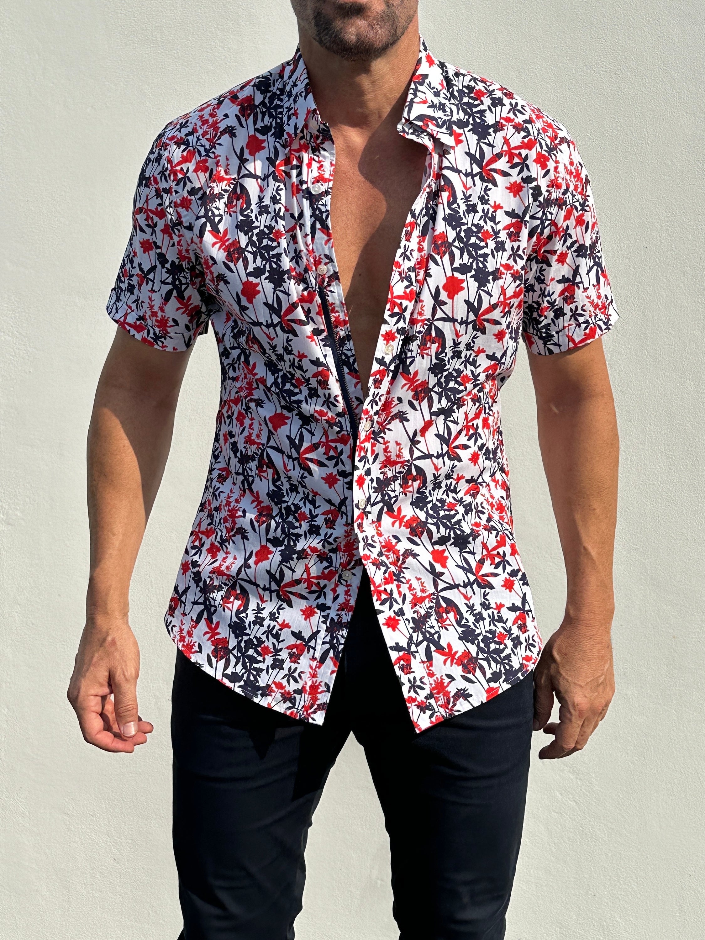 Bamboo Print on Cotton - Red & Navy