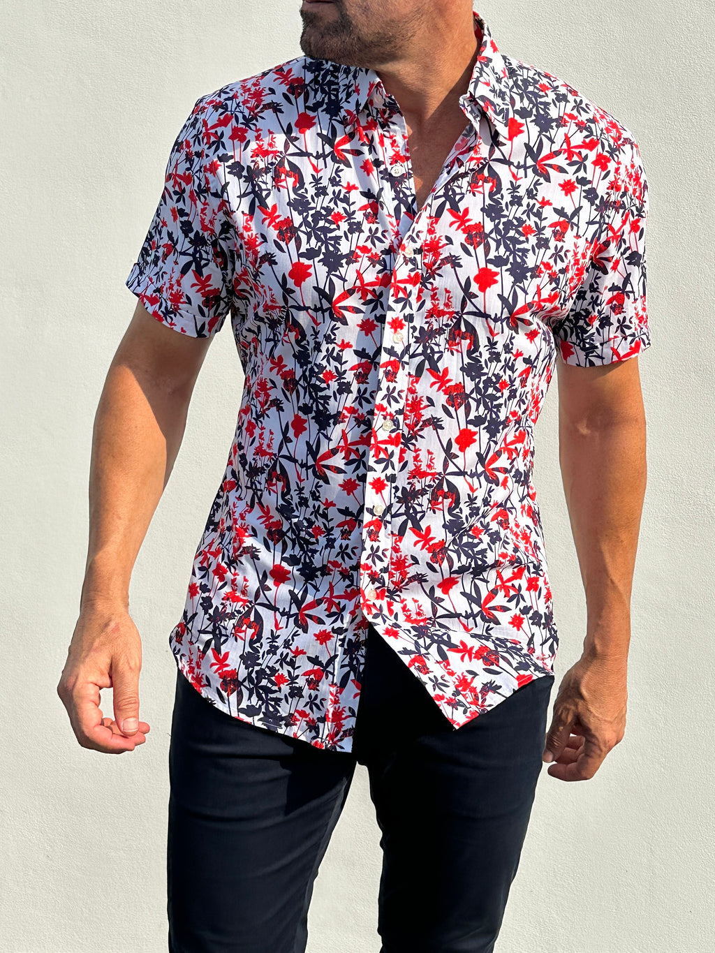 Bamboo Print on Cotton - Red & Navy