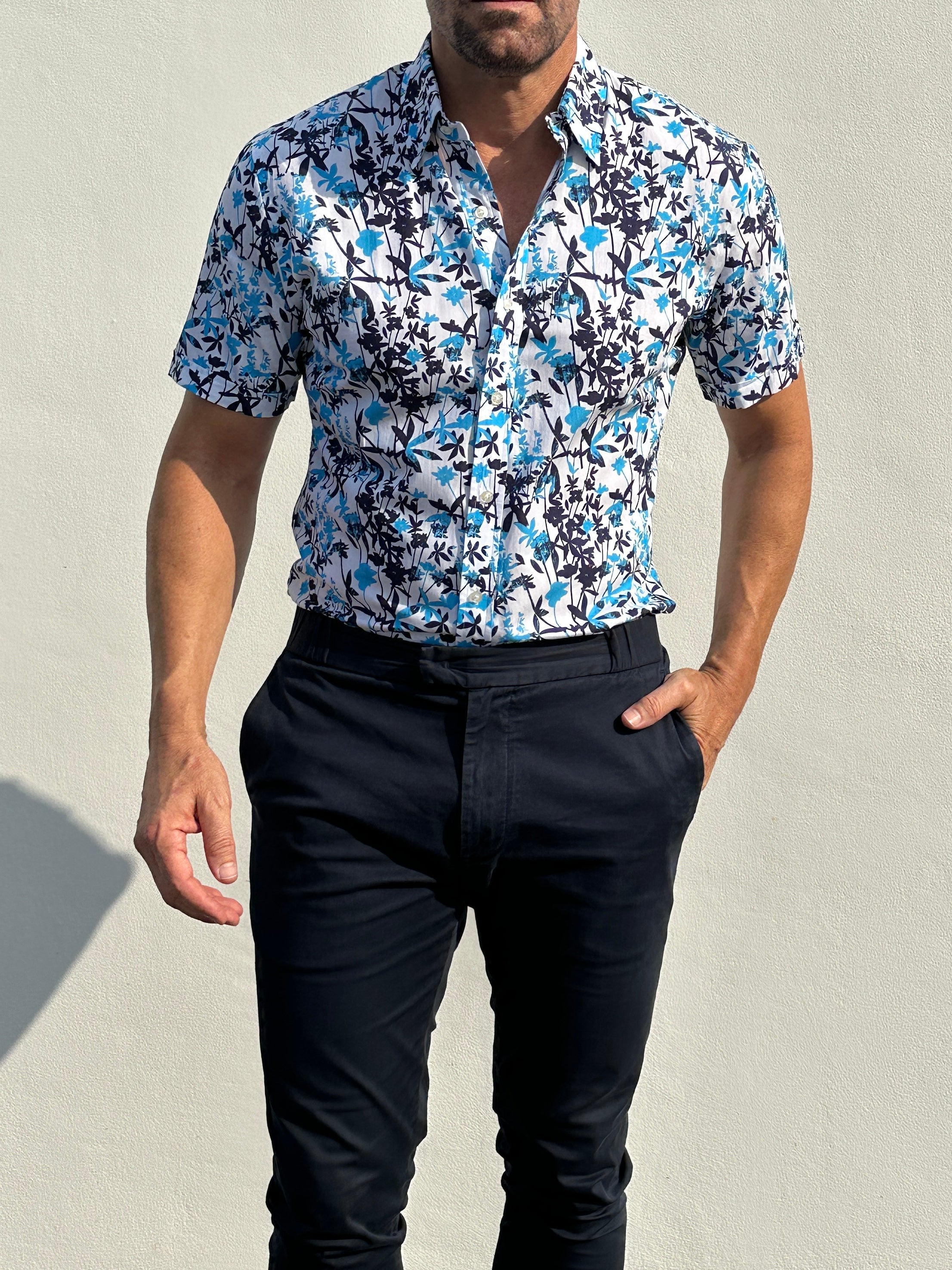 Bamboo Print on Cotton - Aqua & Navy