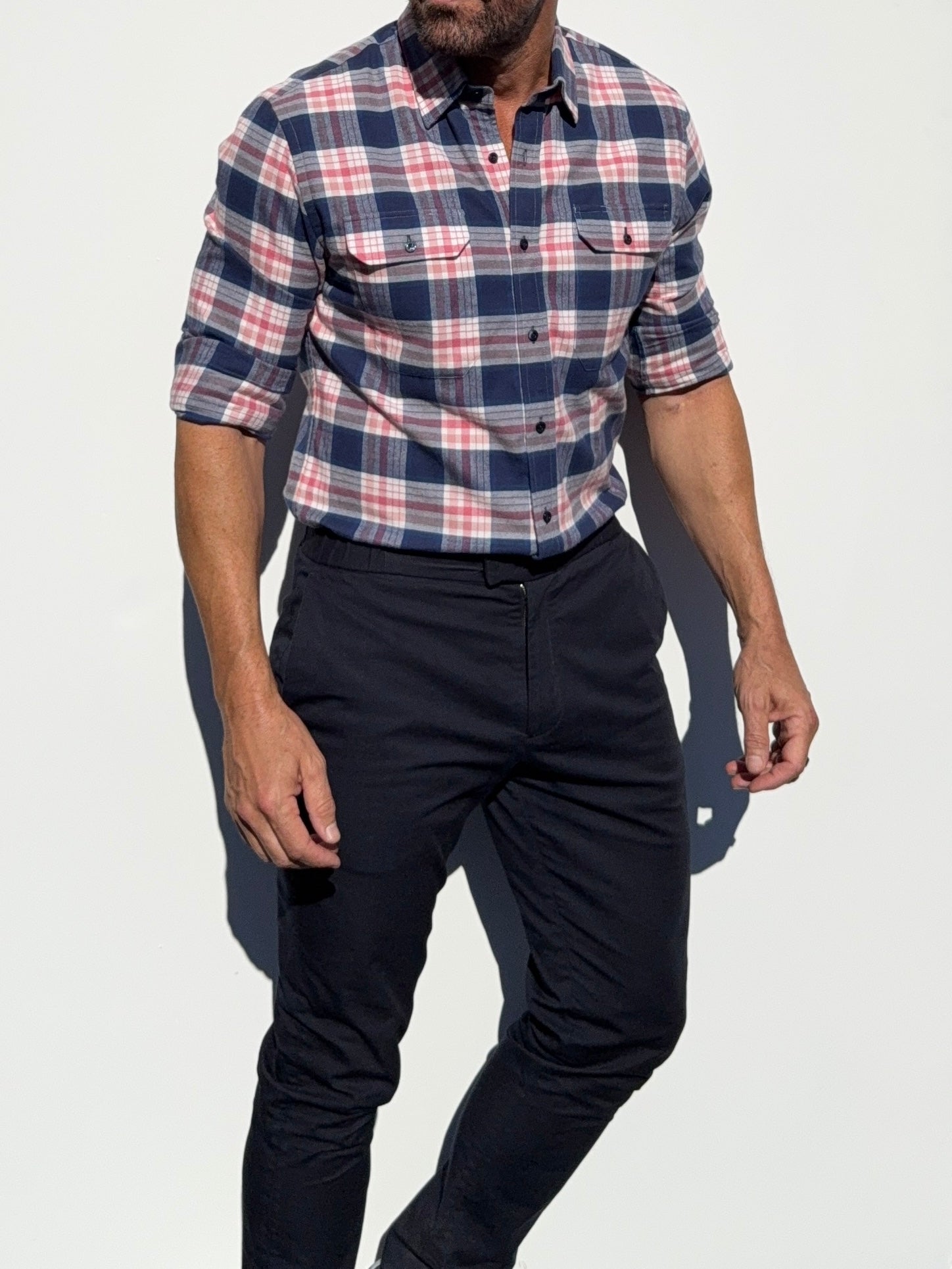 The Utility Shirt in Plaid Flannel - Navy & Pink Plaid Flannel- SB #644