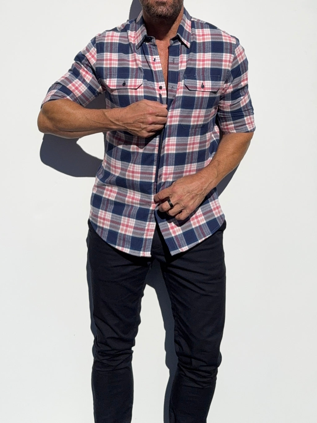 The Utility Shirt in Plaid Flannel - Navy & Pink Plaid Flannel- SB #644