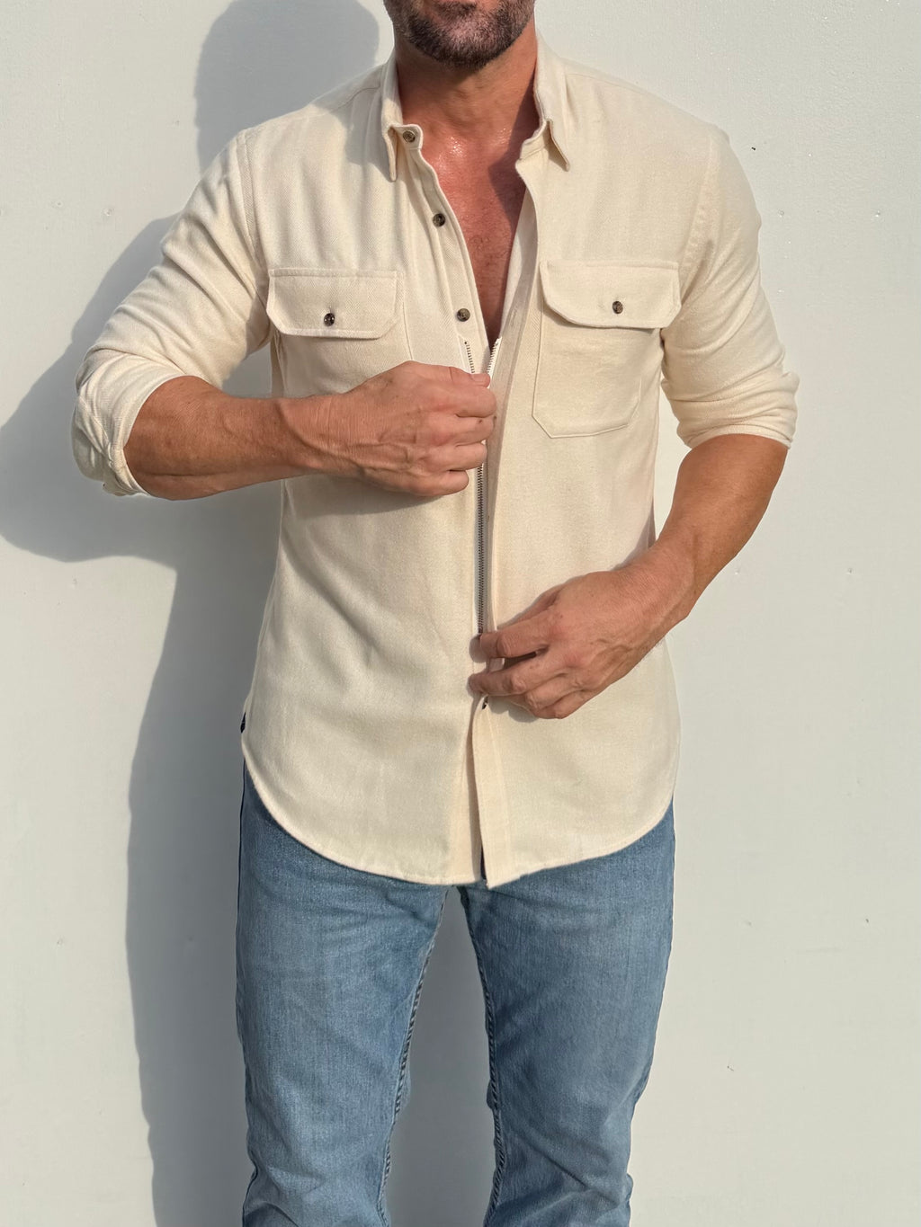 The Utility Shirt in Herringbone Flannel - Ivory