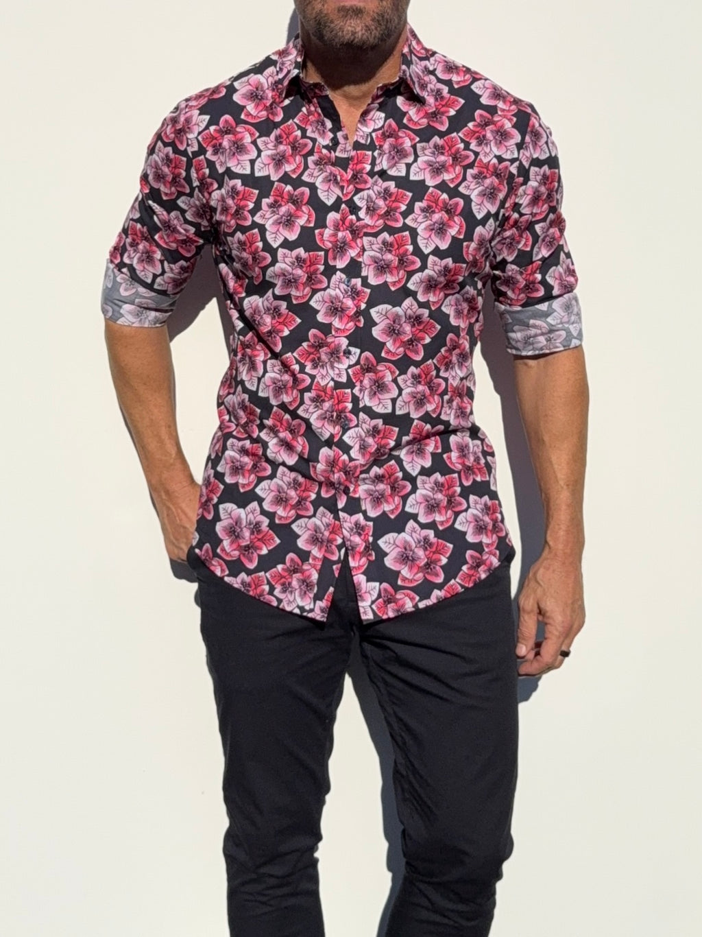 Pink Flowers Party Shirt - Red on Navy