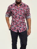 Pink Flowers Party Shirt - Red on Navy