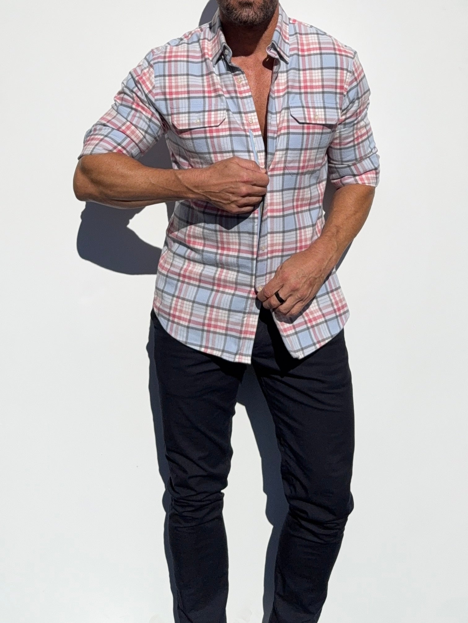 The Utility Shirt in Plaid Flannel - Light Blue & Pink