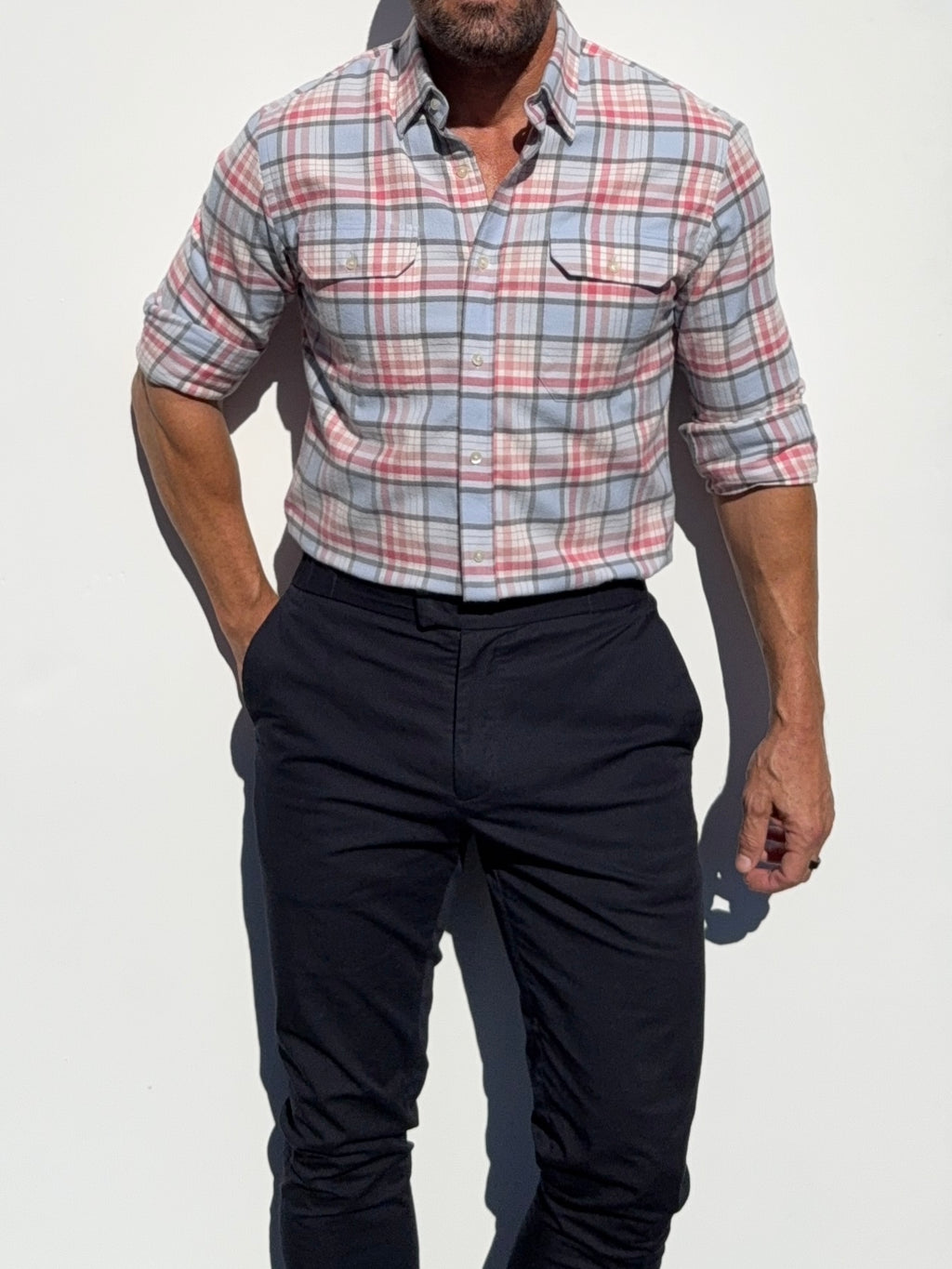 The Utility Shirt in Plaid Flannel - Light Blue & Pink