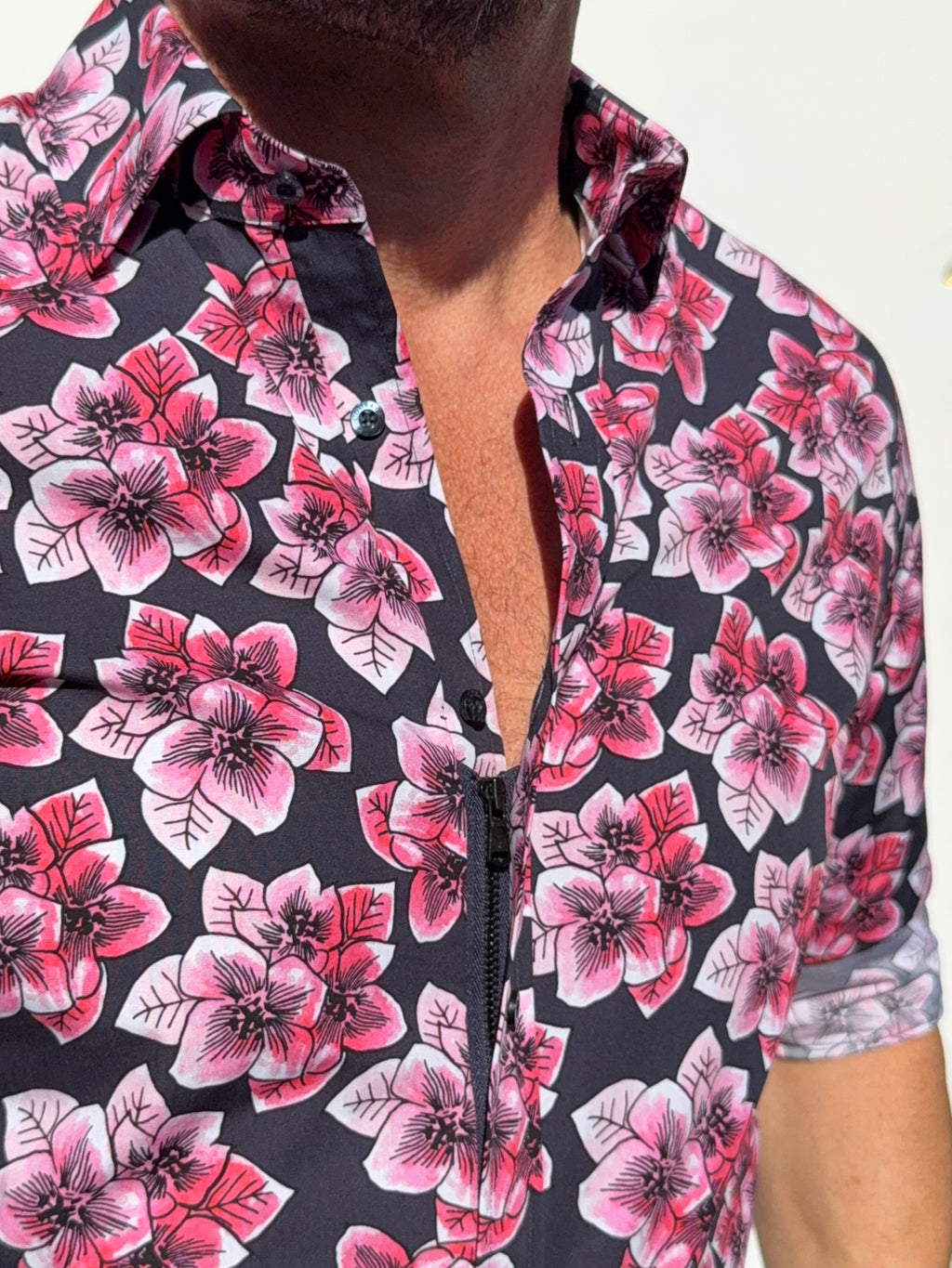Pink Flowers Party Shirt - Red on Navy