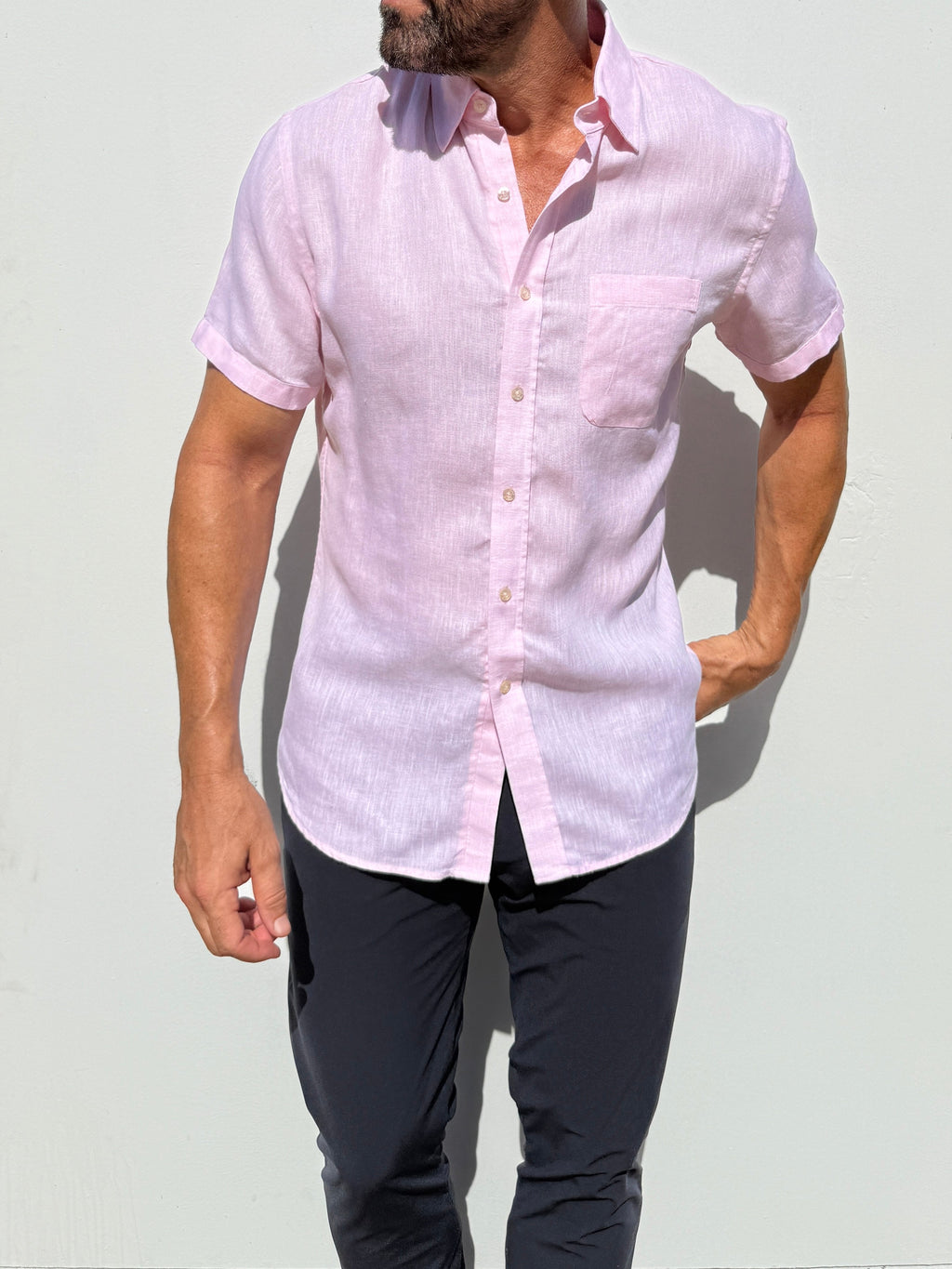 Short Sleeve 1-Pocket Linen Shirt - Pink